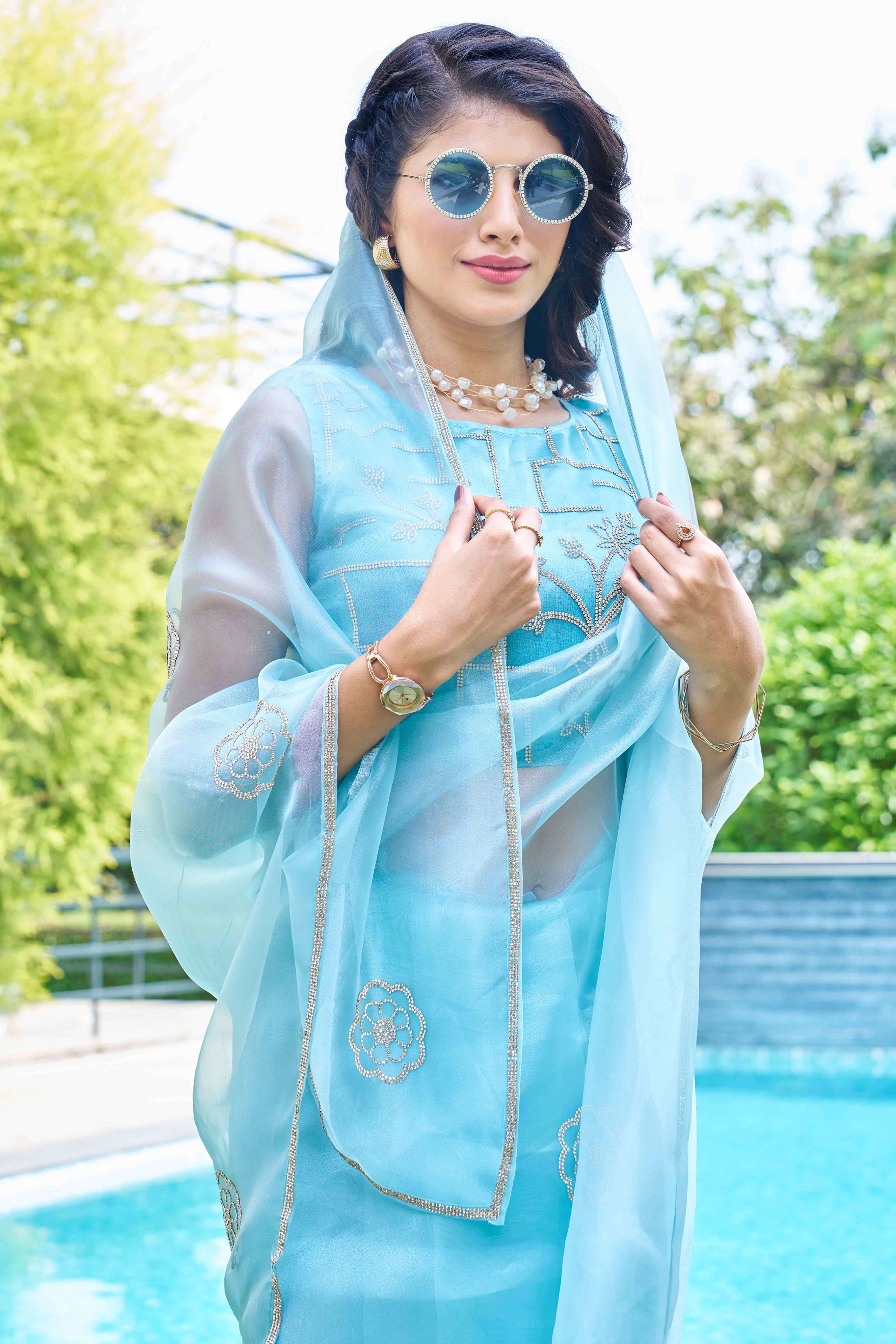 Sky Blue Stone Work Embroidered Organza Saree