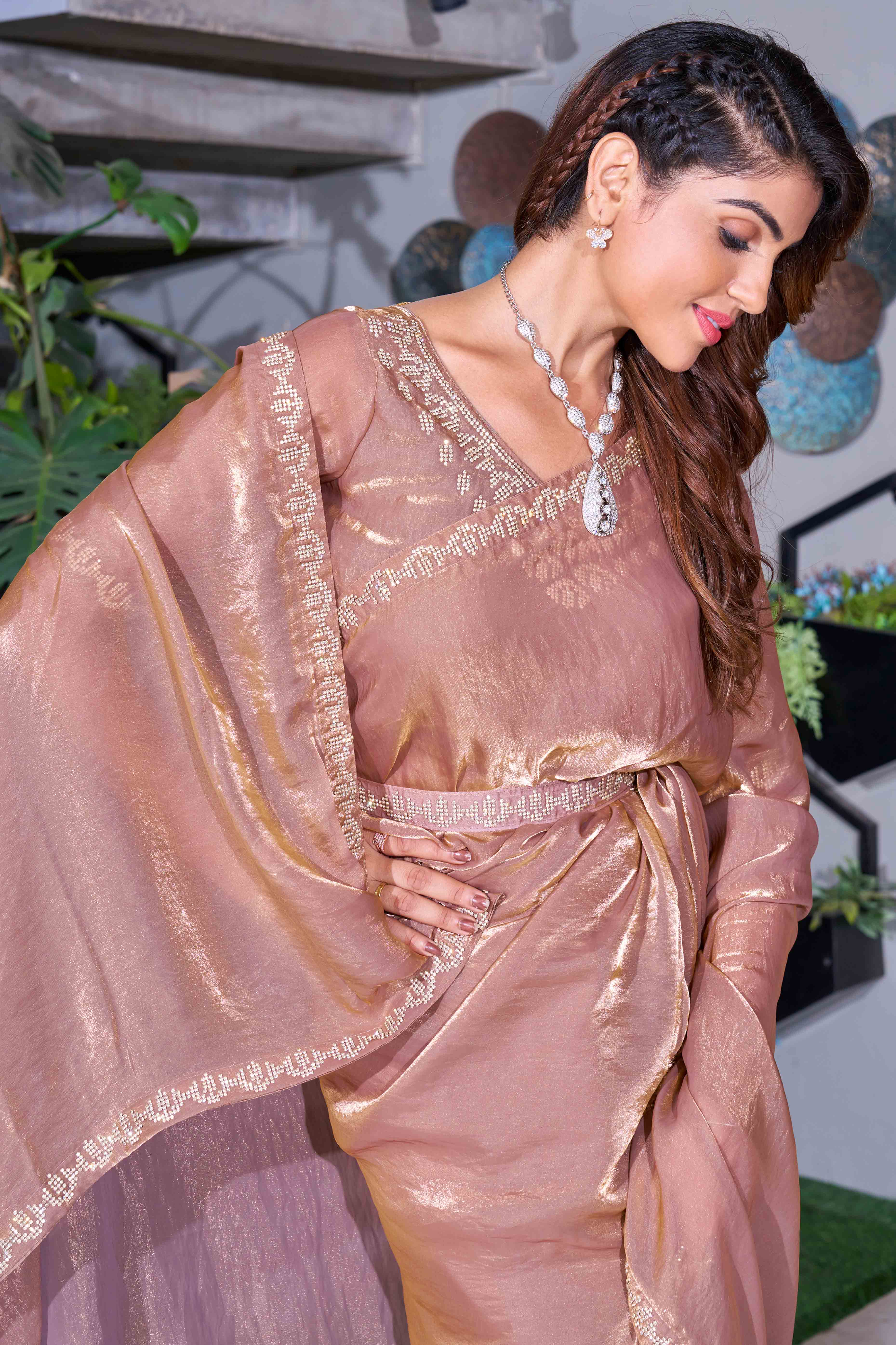 Brown Stone Work Embroidered Satin Silk Saree