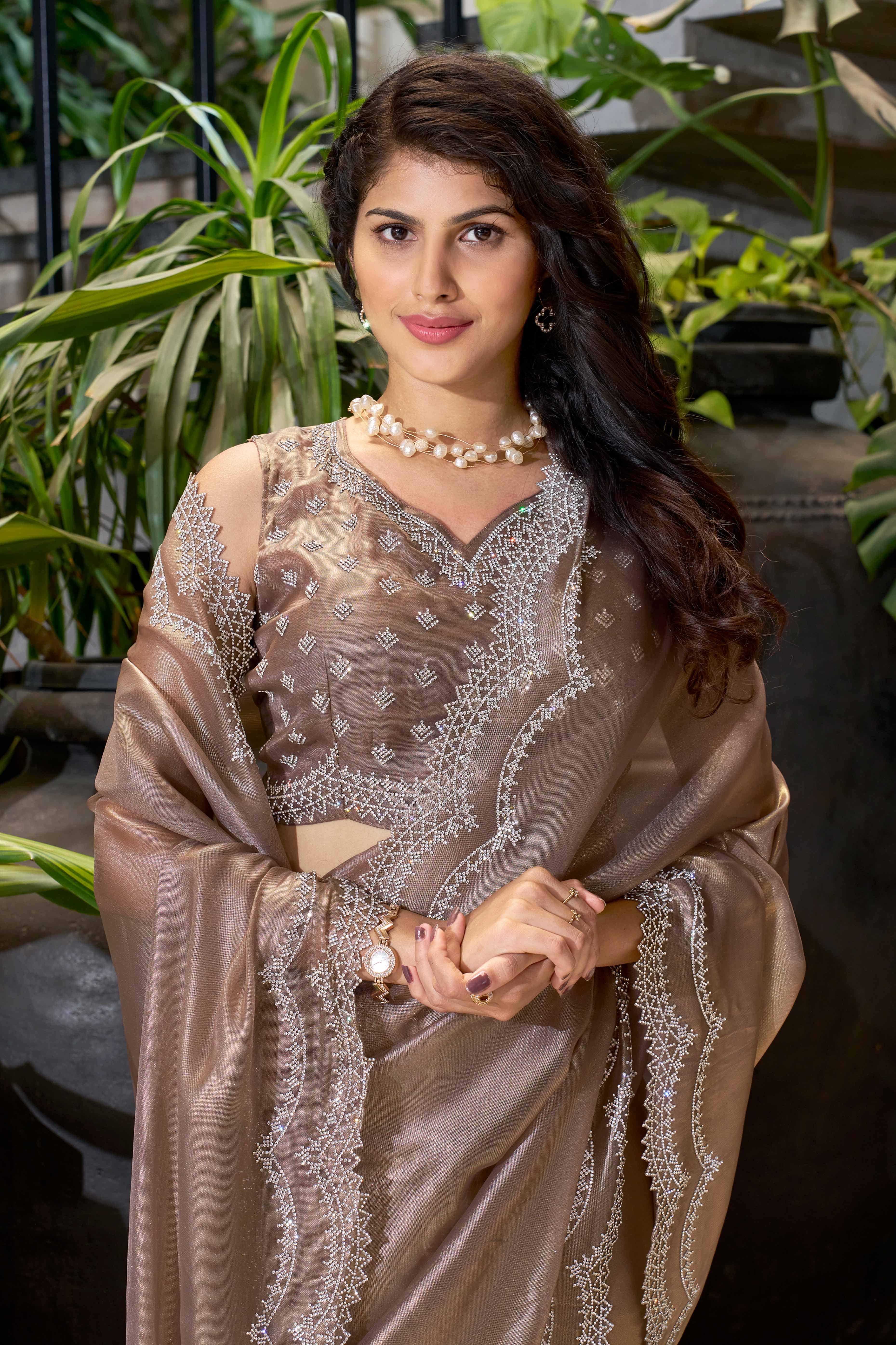 Royal Brown Organza Solid Saree Adorned With Zarkan Accents