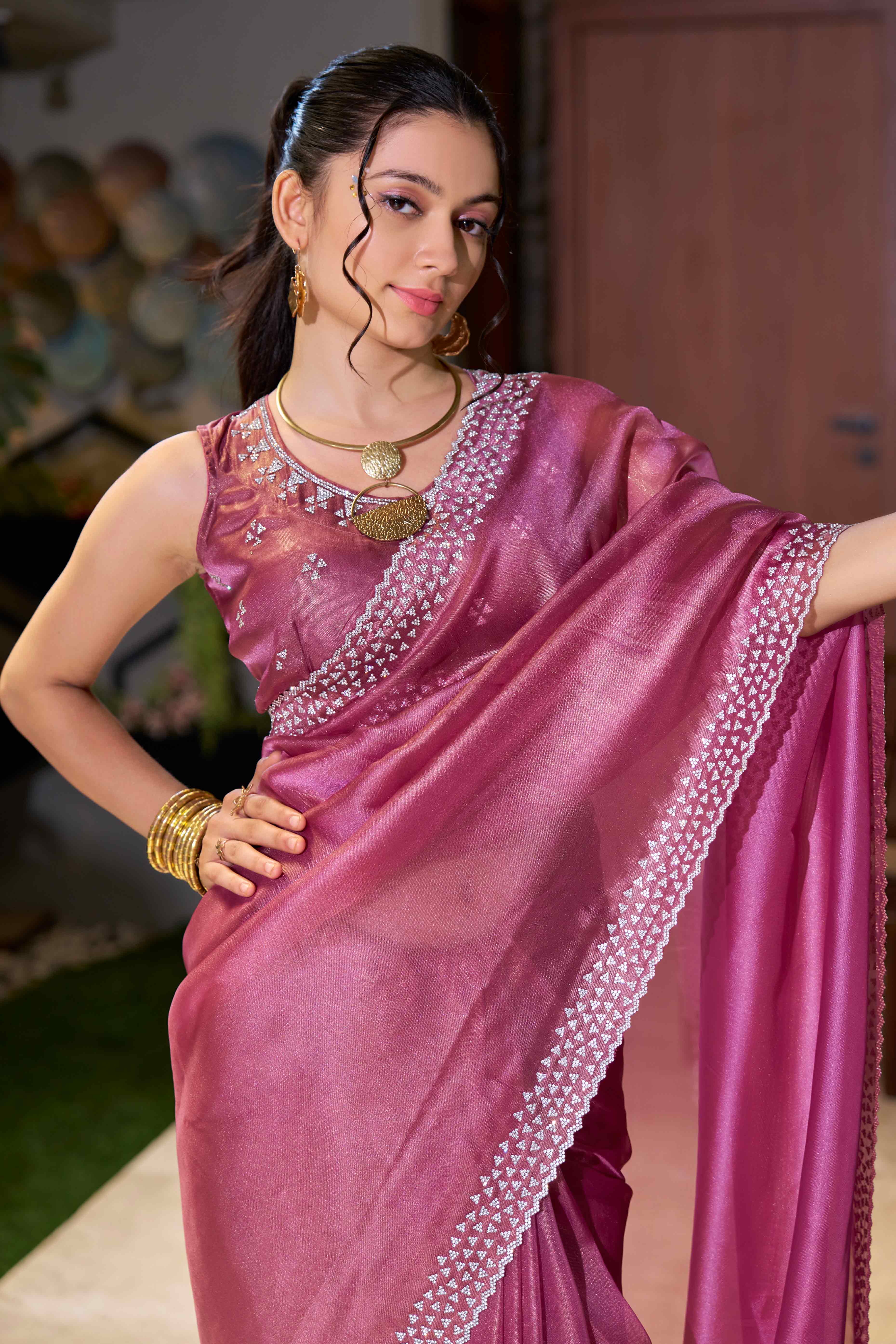 Pink Solid With Zarkan Work Organza Saree