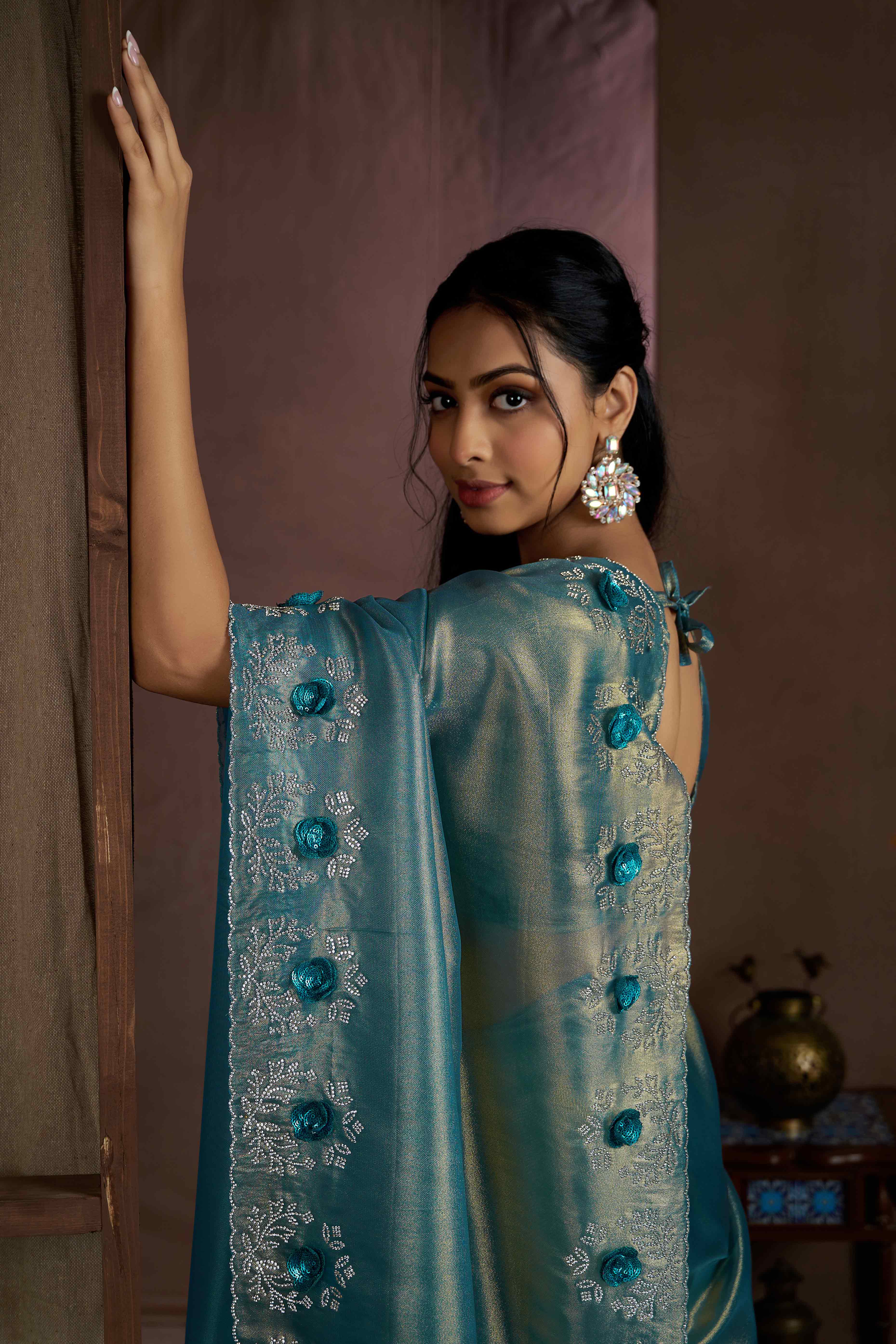 Blue Floral Sequins With Zarkan Work Organza Saree