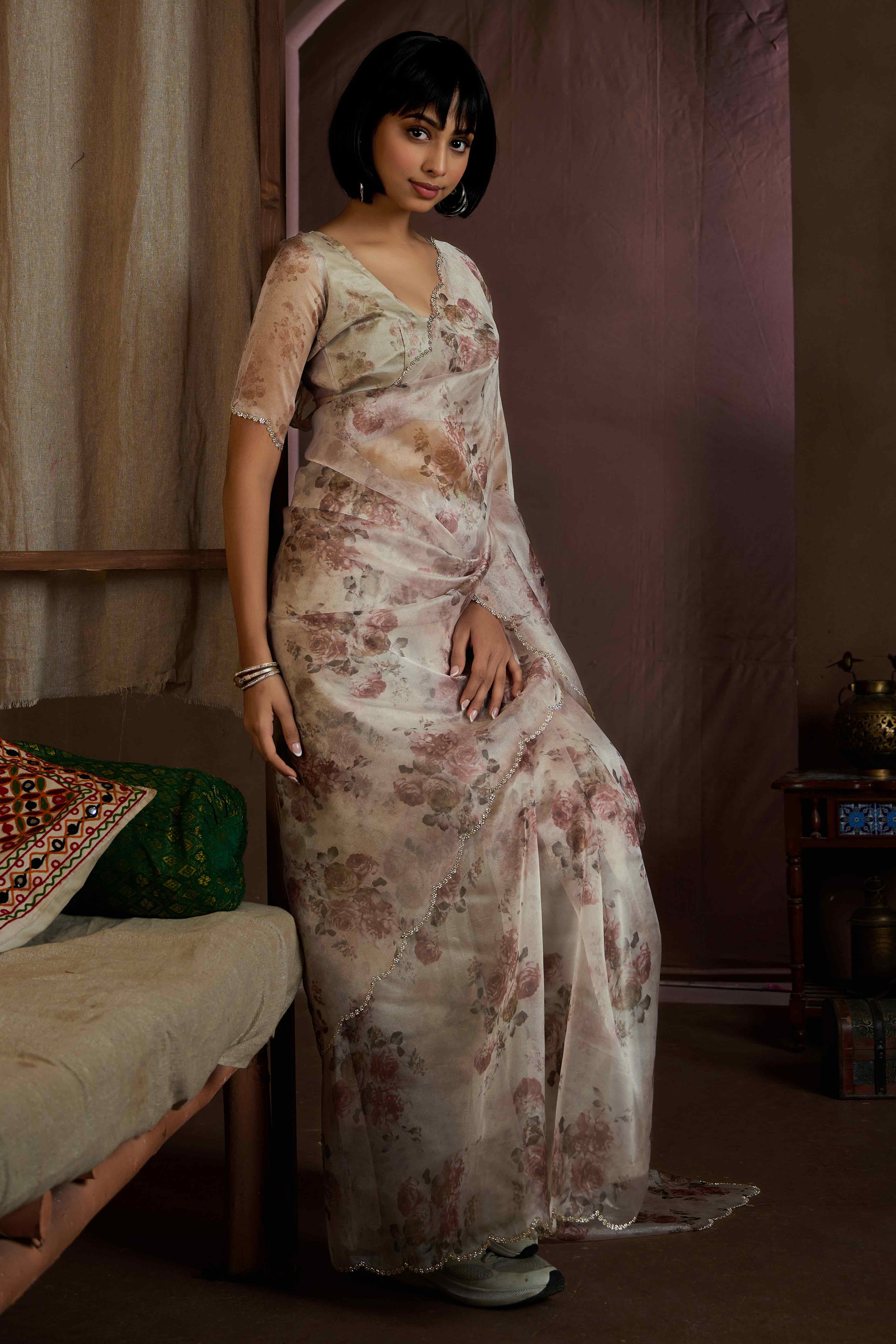 White Floral Printed Soft Organza Saree With Stone Work Border