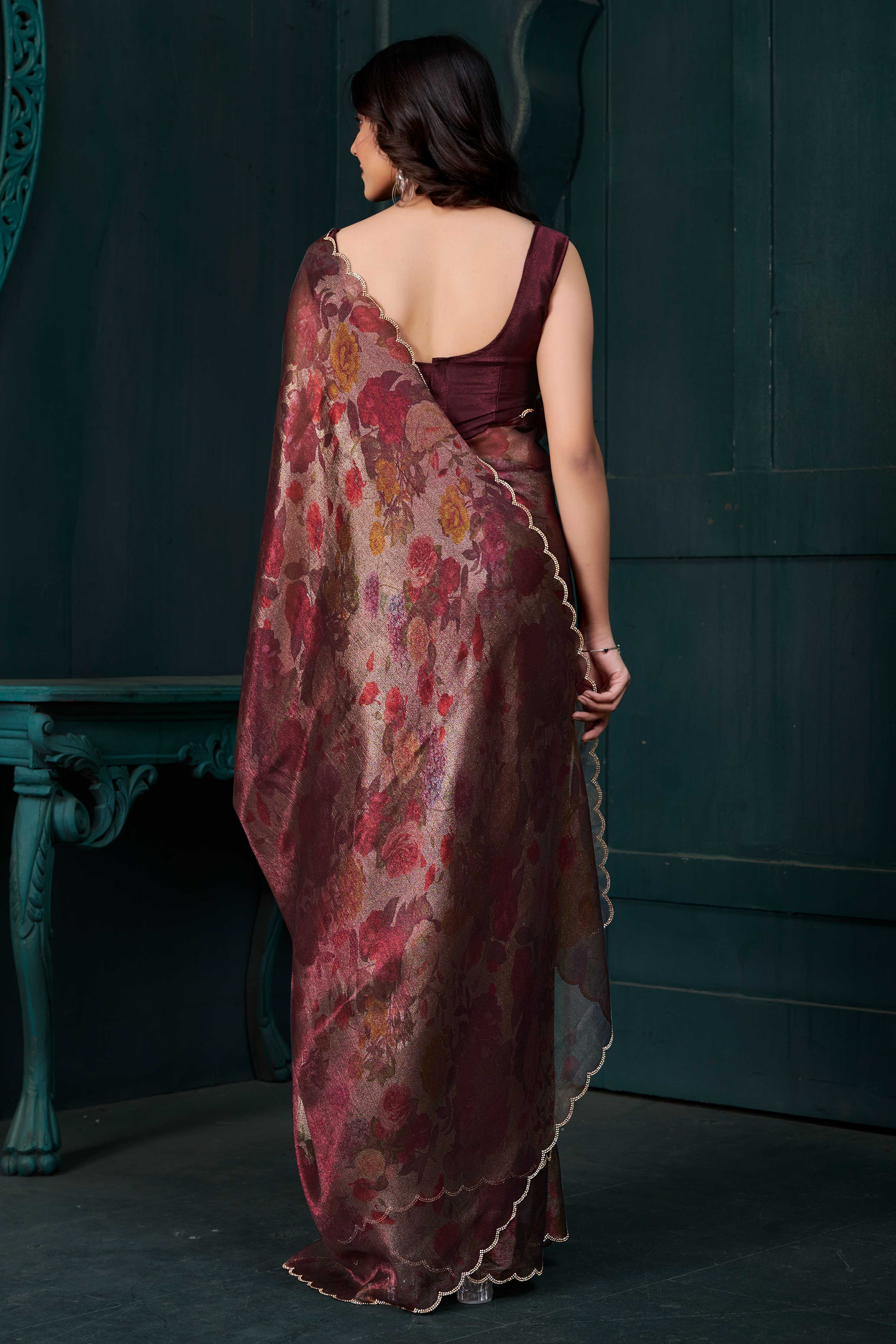 Maroon Partywear Saree in Smooth Chiffon Silk with Contemporary Floral Prints