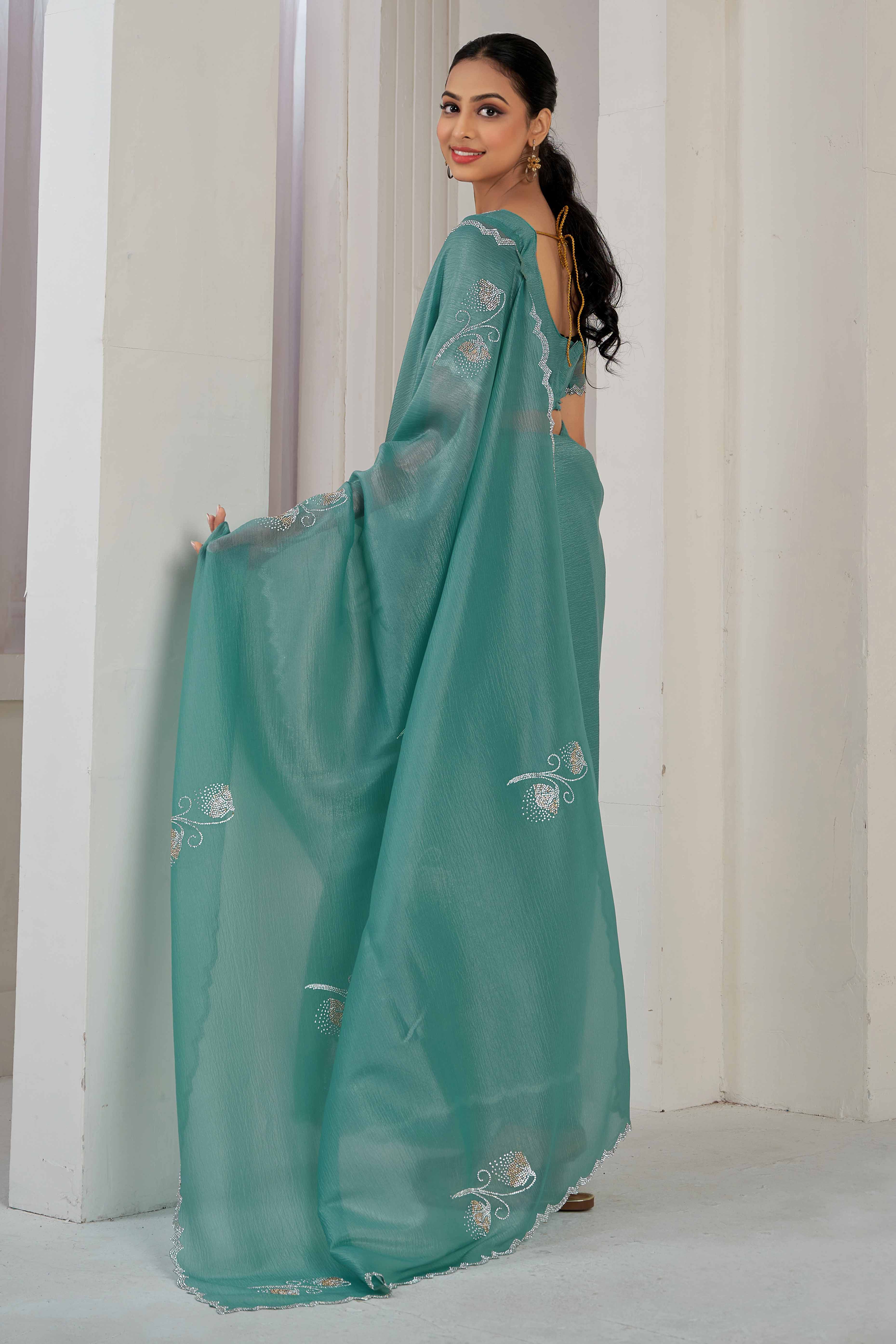 Teal Stone Work Embroidered Crepe Silk Saree