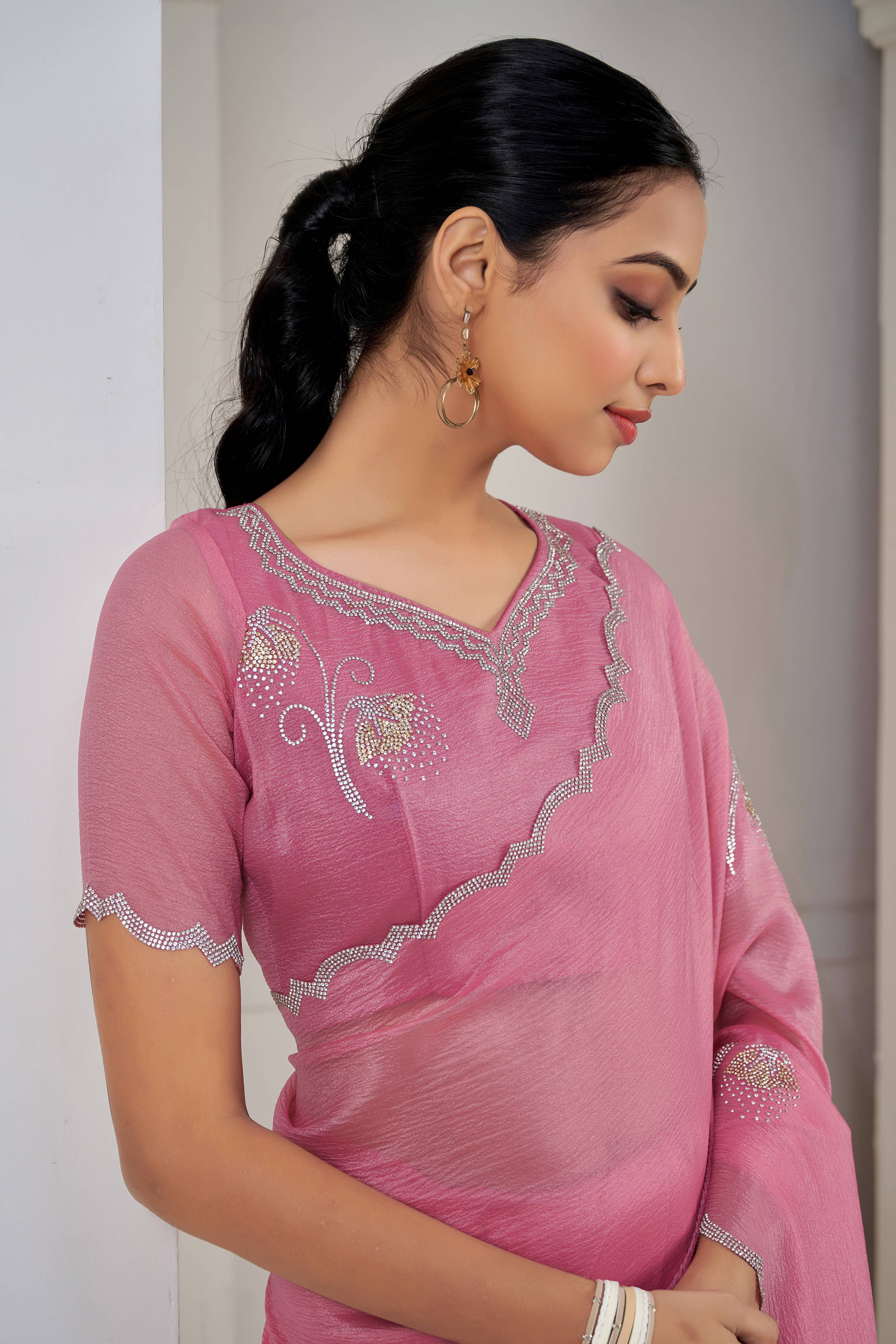 Onion Pink Stone Work Embroidered Crepe Silk Saree