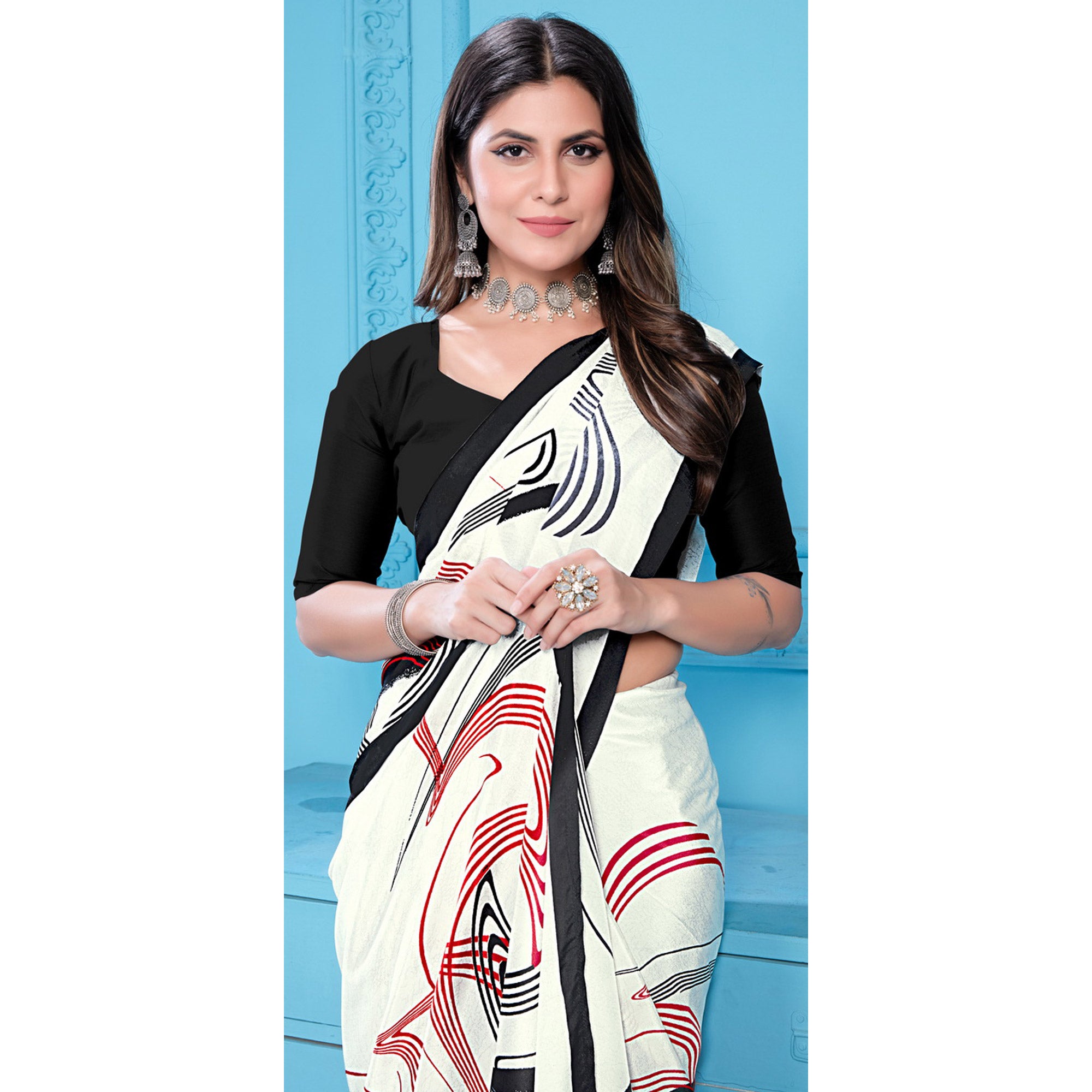 White Printed Crepe Silk Saree