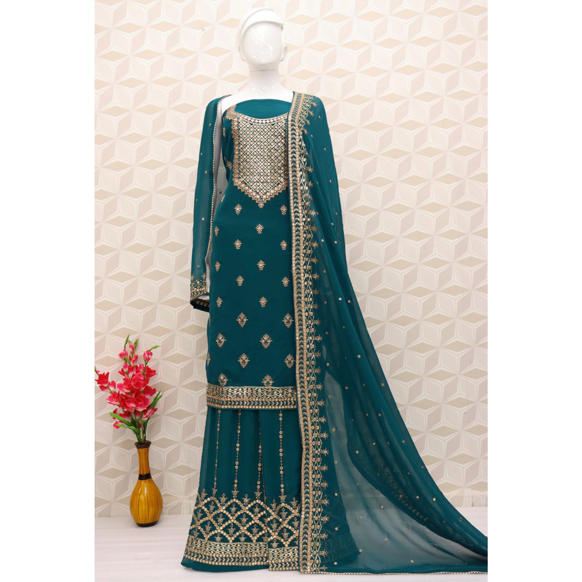 Teal Floral Embroidered Georgette Semi Stitched Dress Material