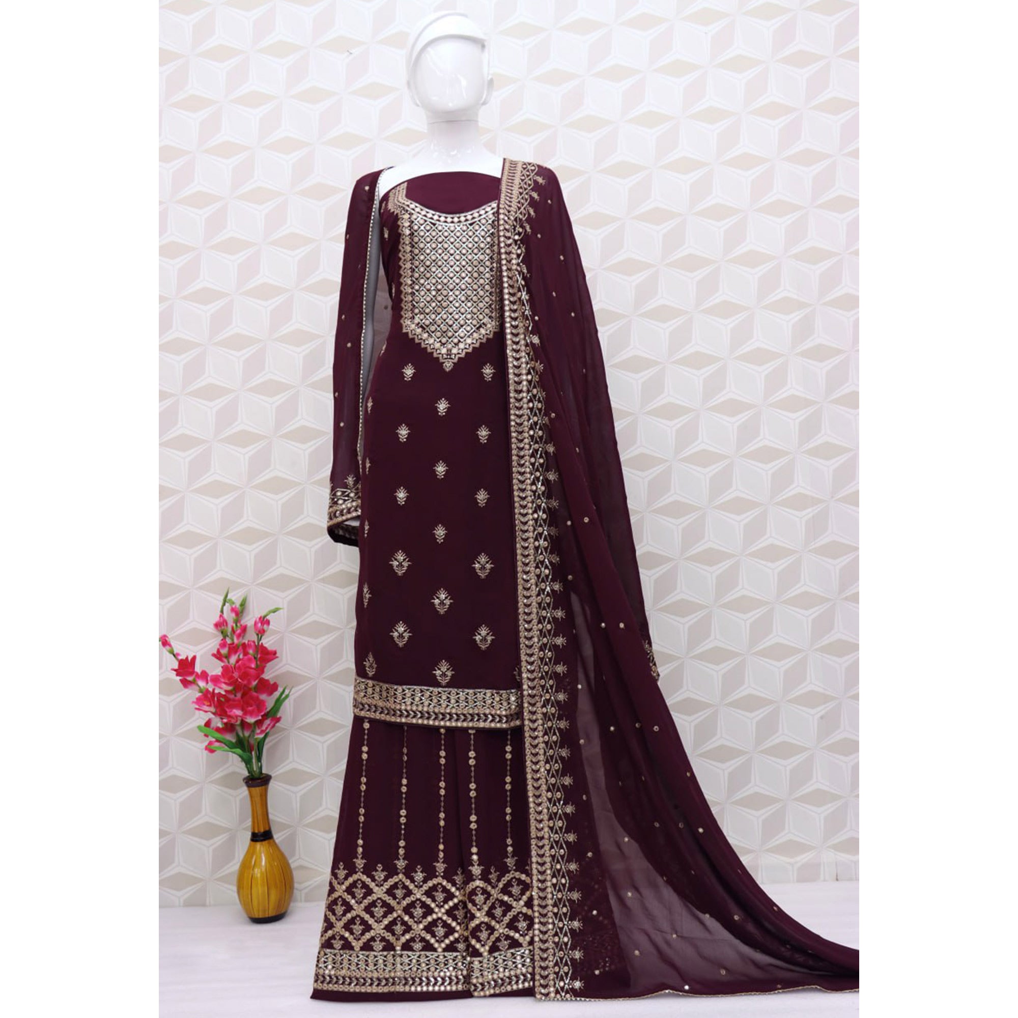 Wine Floral Embroidered Georgette Semi Stitched Dress Material