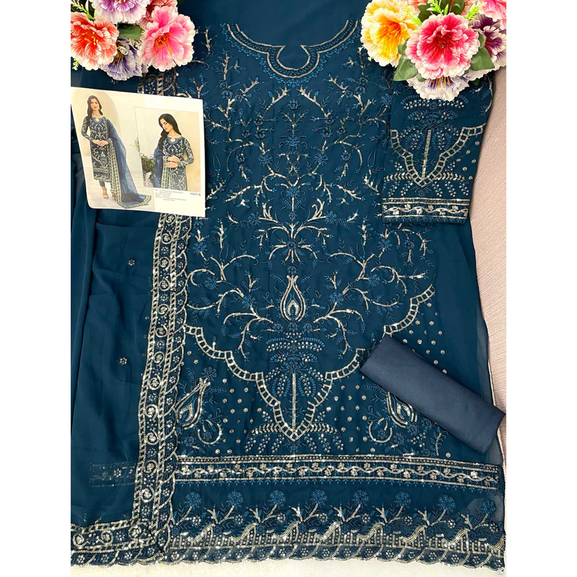 Teal Blue Sequins Embroidered Georgette Pakistani Suit