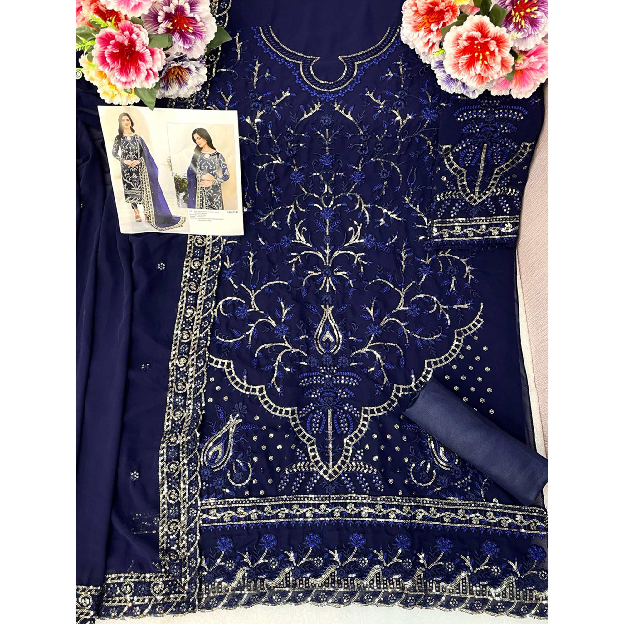 Navy Blue Sequins Embroidered Georgette Pakistani Suit
