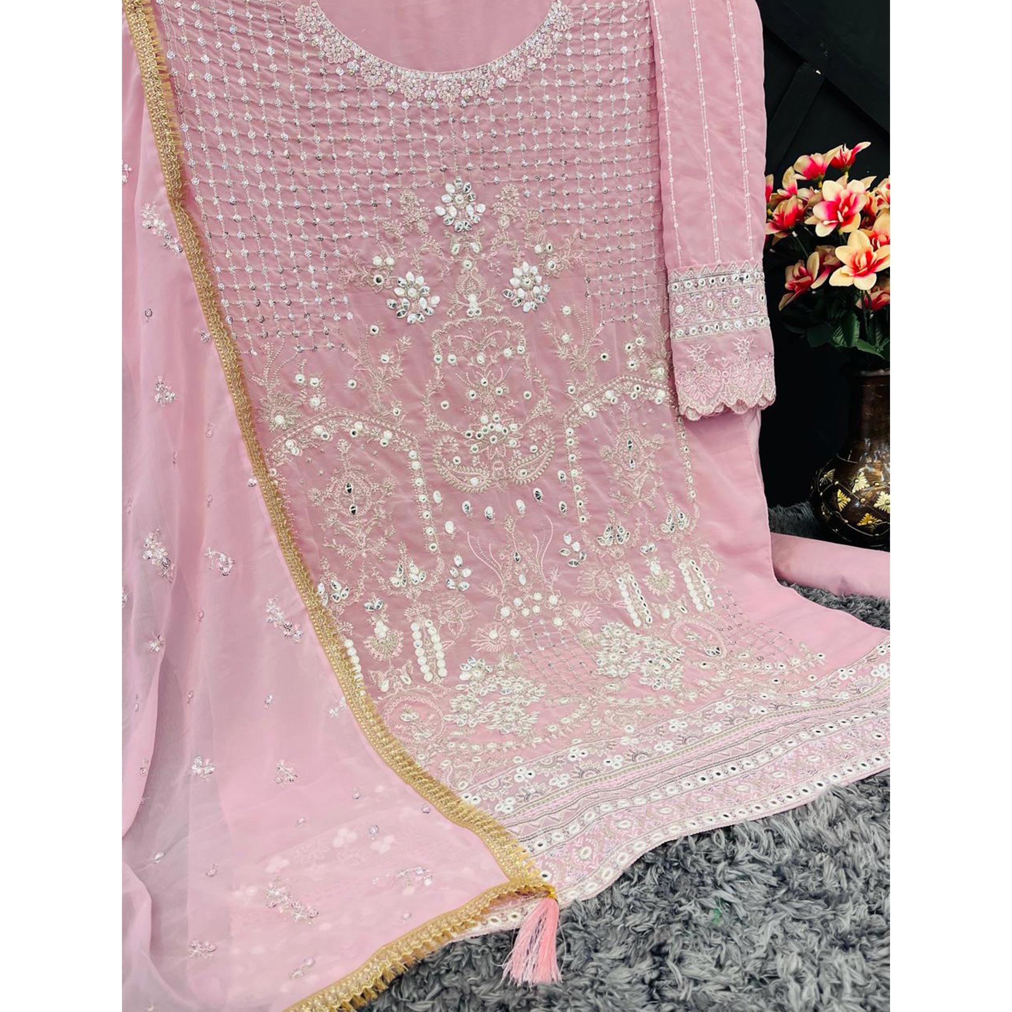 Pink Sequins Embroidered Georgette Sharara Suit