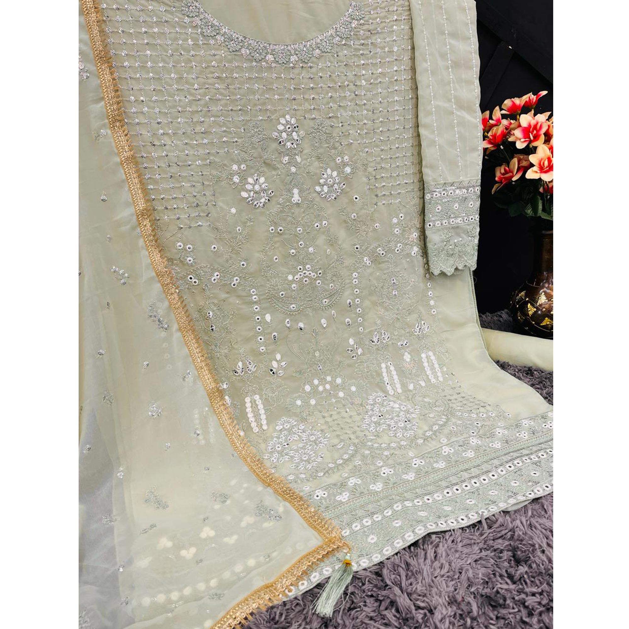 Green Sequins Embroidered Georgette Sharara Suit