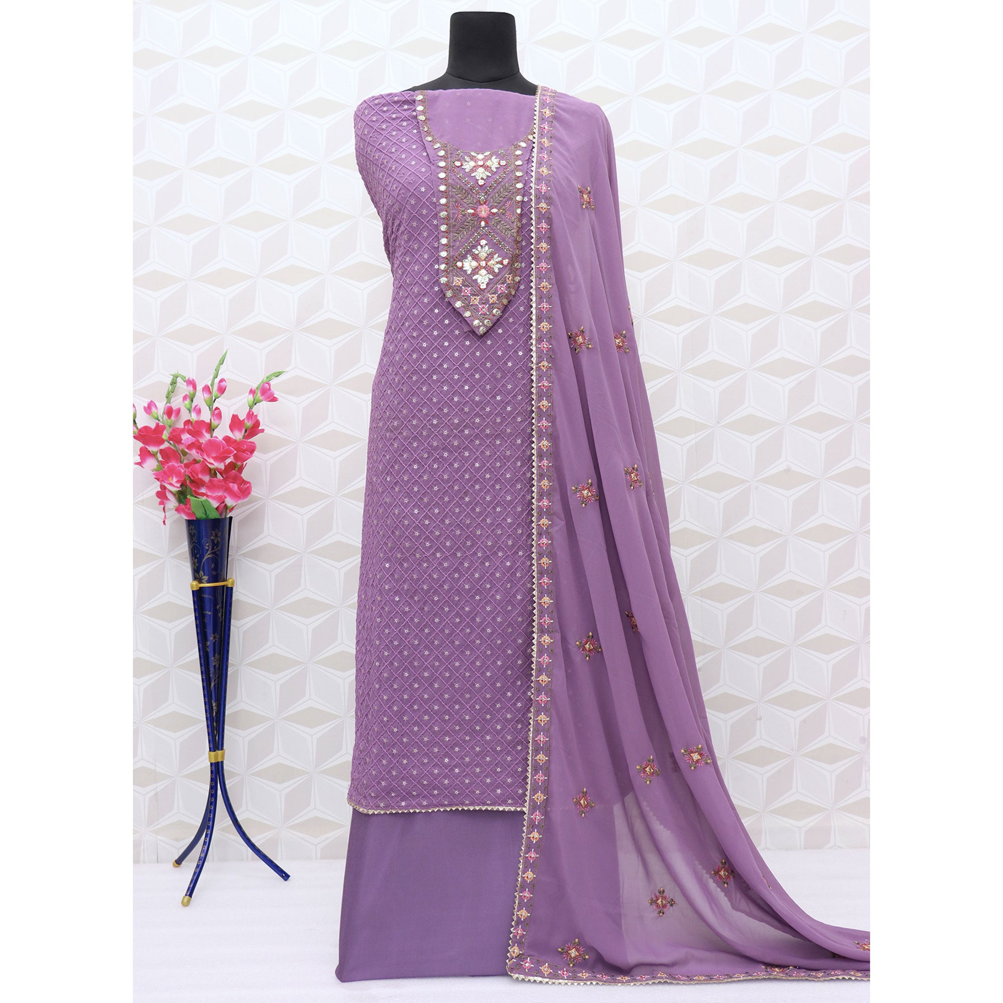 Purple Sequins Embroidered Georgette Semi Stitched Salwar Suit