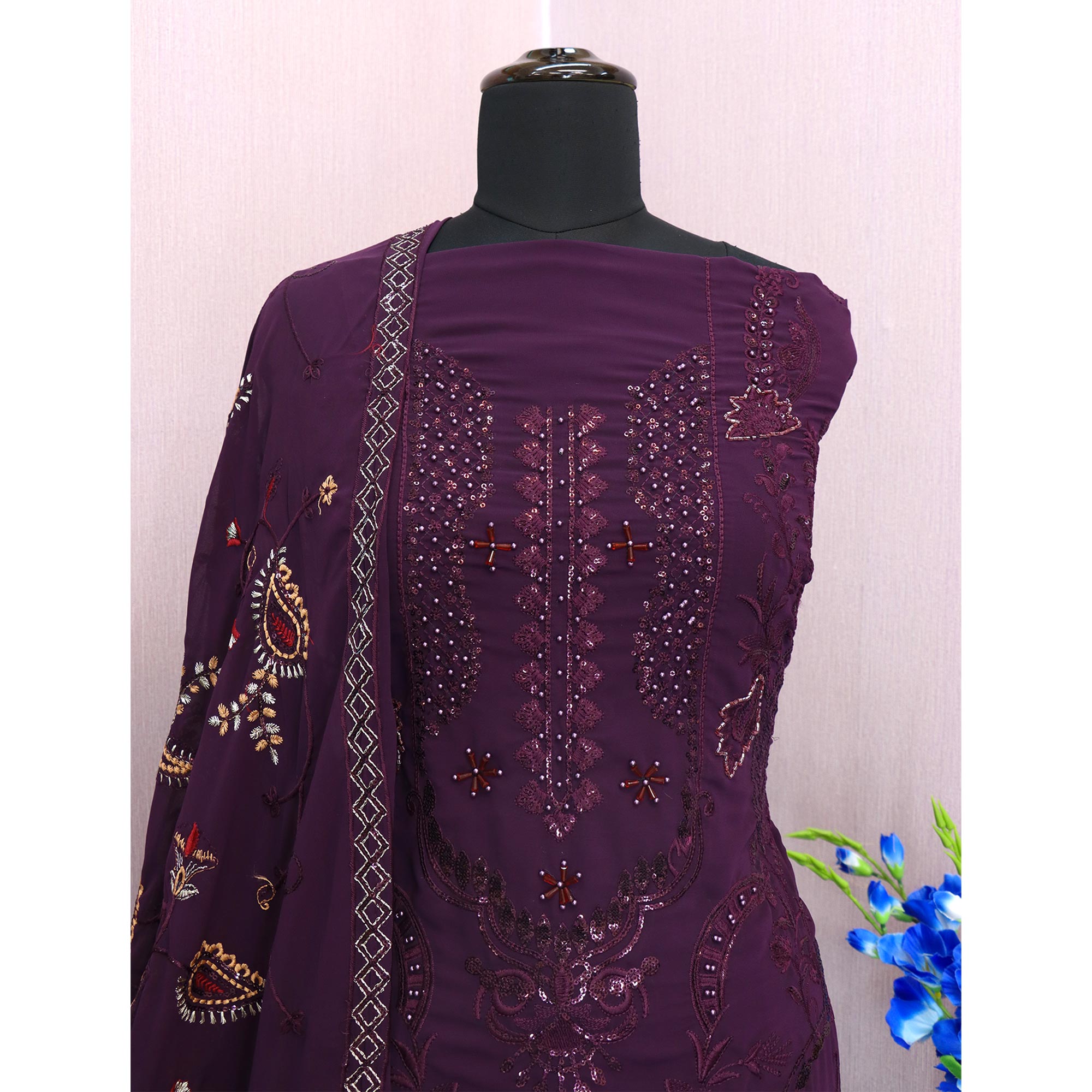 Purple Heavy Embroidered Work Georgette Dress Material