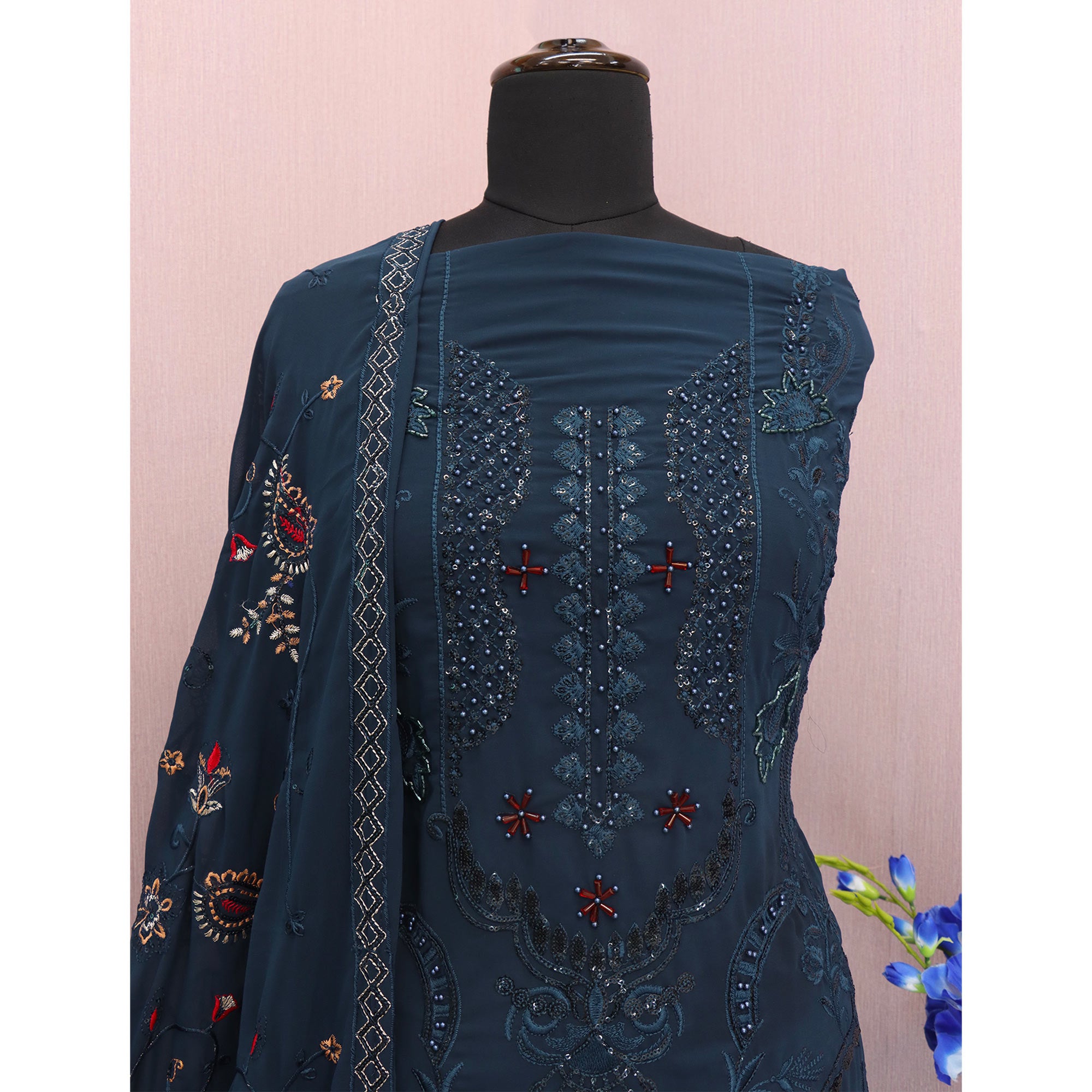 Teal Heavy Embroidered Work Georgette Dress Material