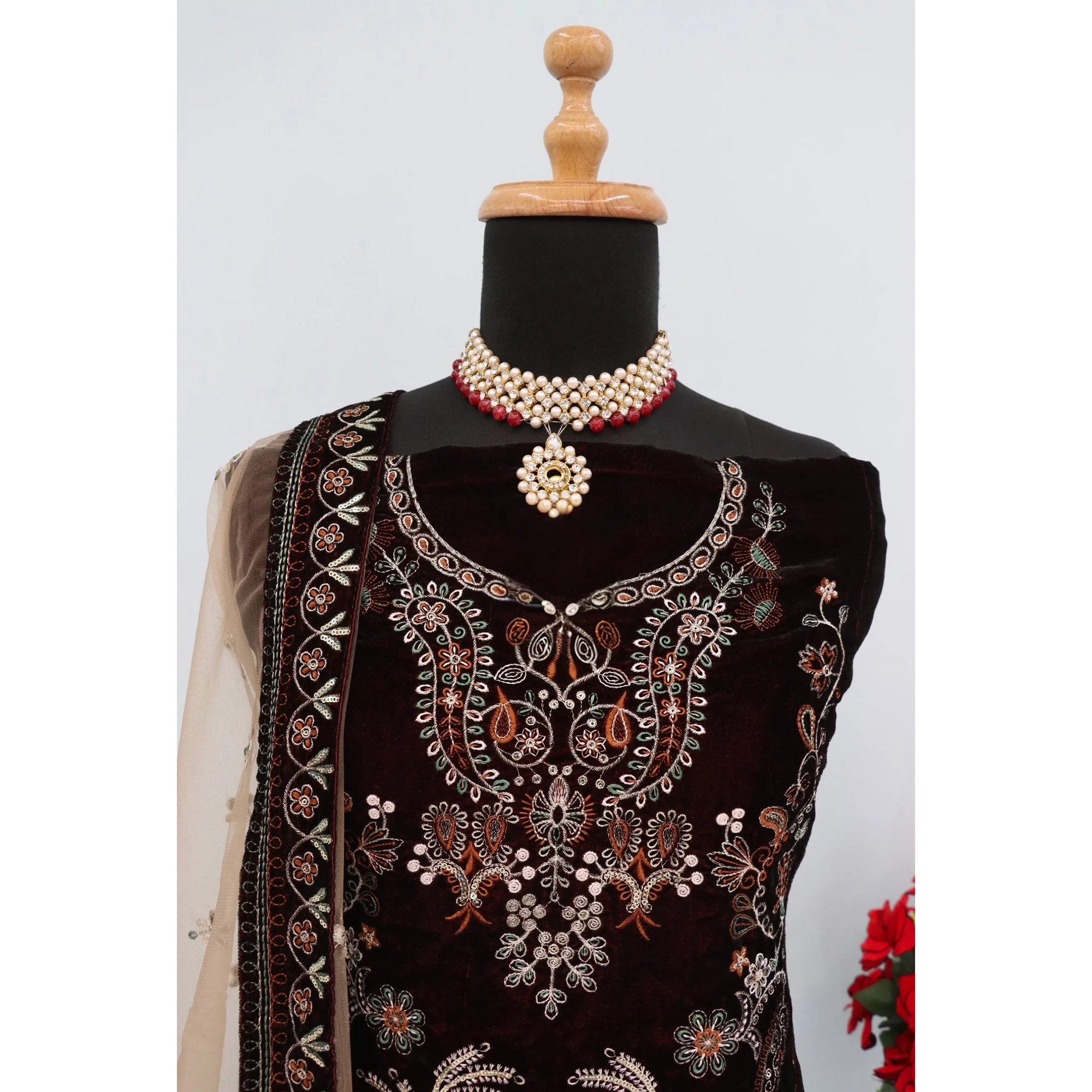 Dark Brown Velvet Dress Material Adorned with Sequins & Thread Embroidery