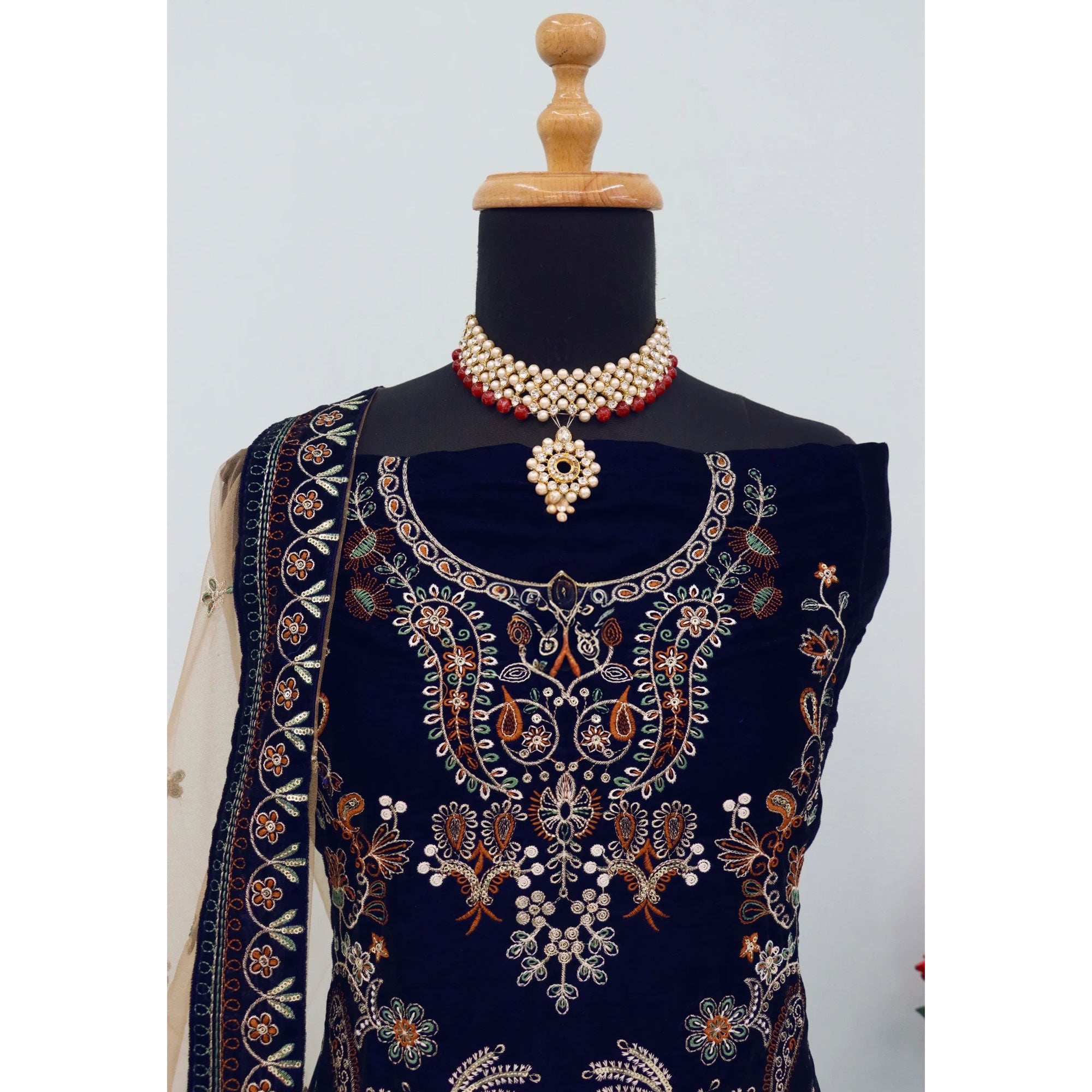 Navy Blue Velvet Dress Material Adorned with Sequins & Thread Embroidery