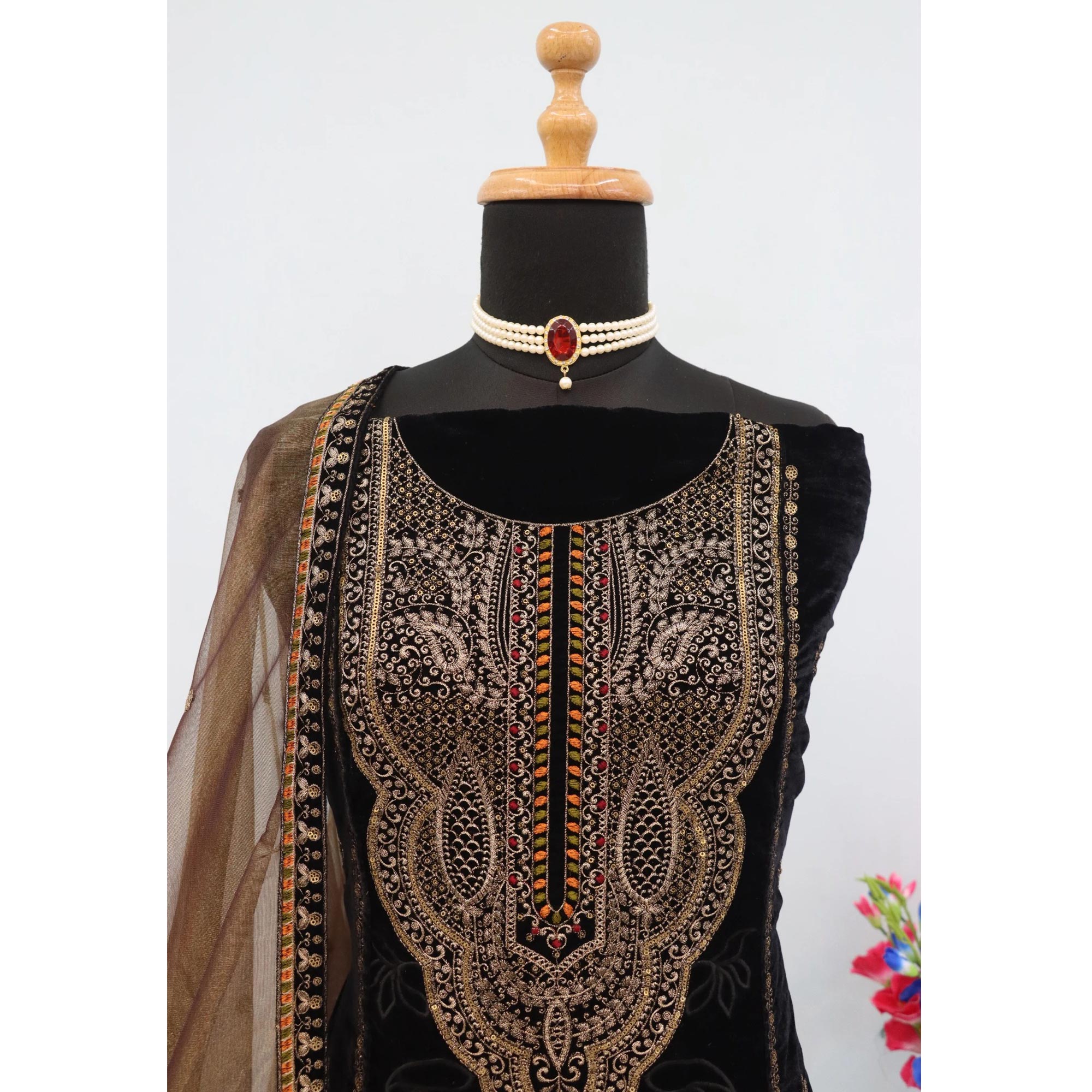 Black Velvet Dress Material Adorned with Sequins & Thread Embroidery