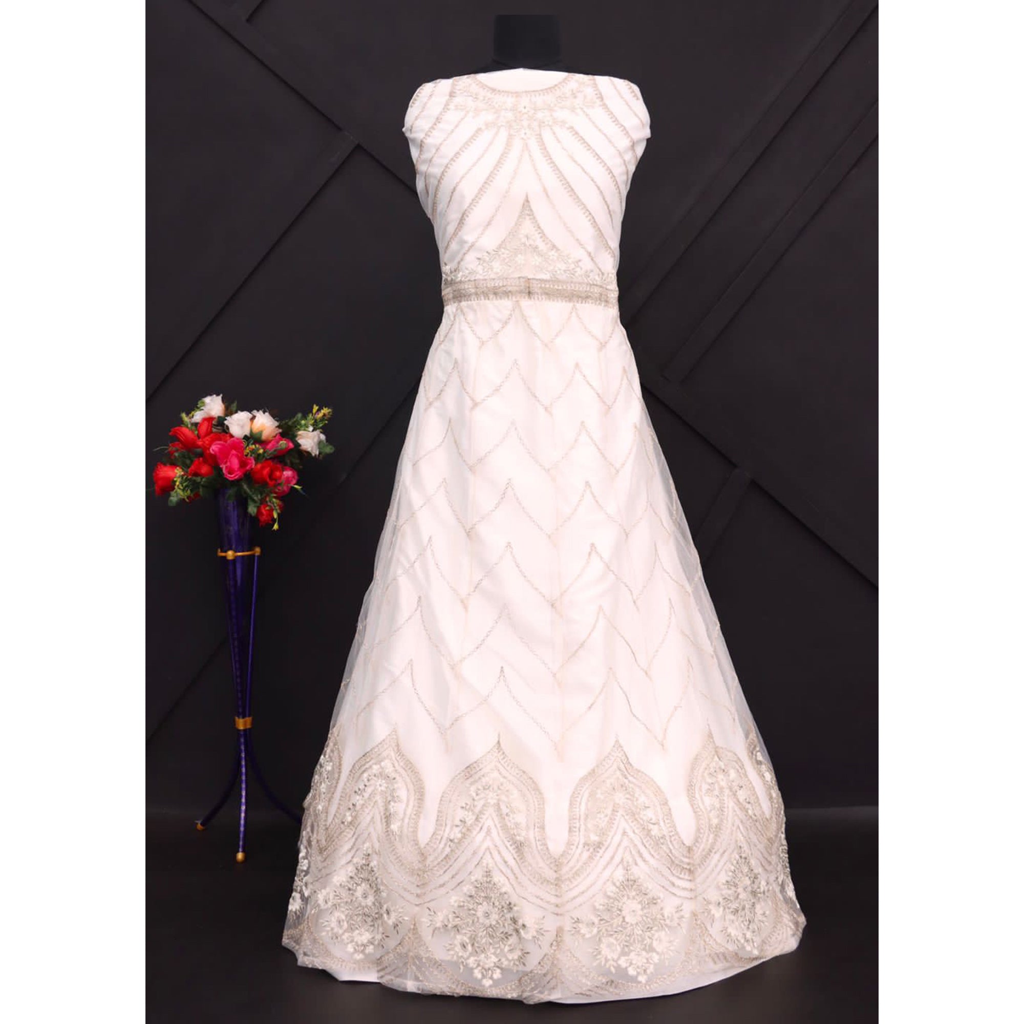White Floral embroidered Net Semi Stitched Anarkali Style Gown