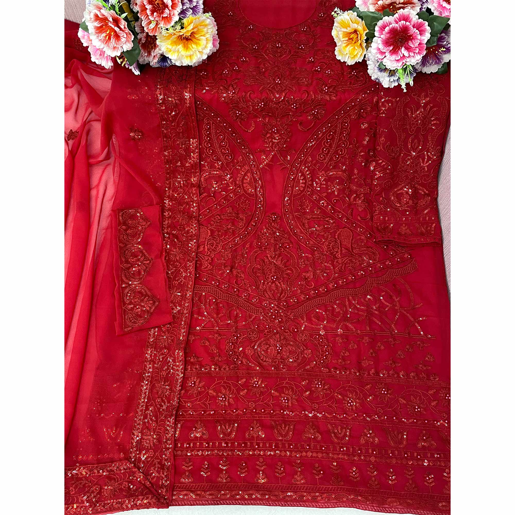 Maroon Embroidered Georgette Semi Stitched Pakistani Suit