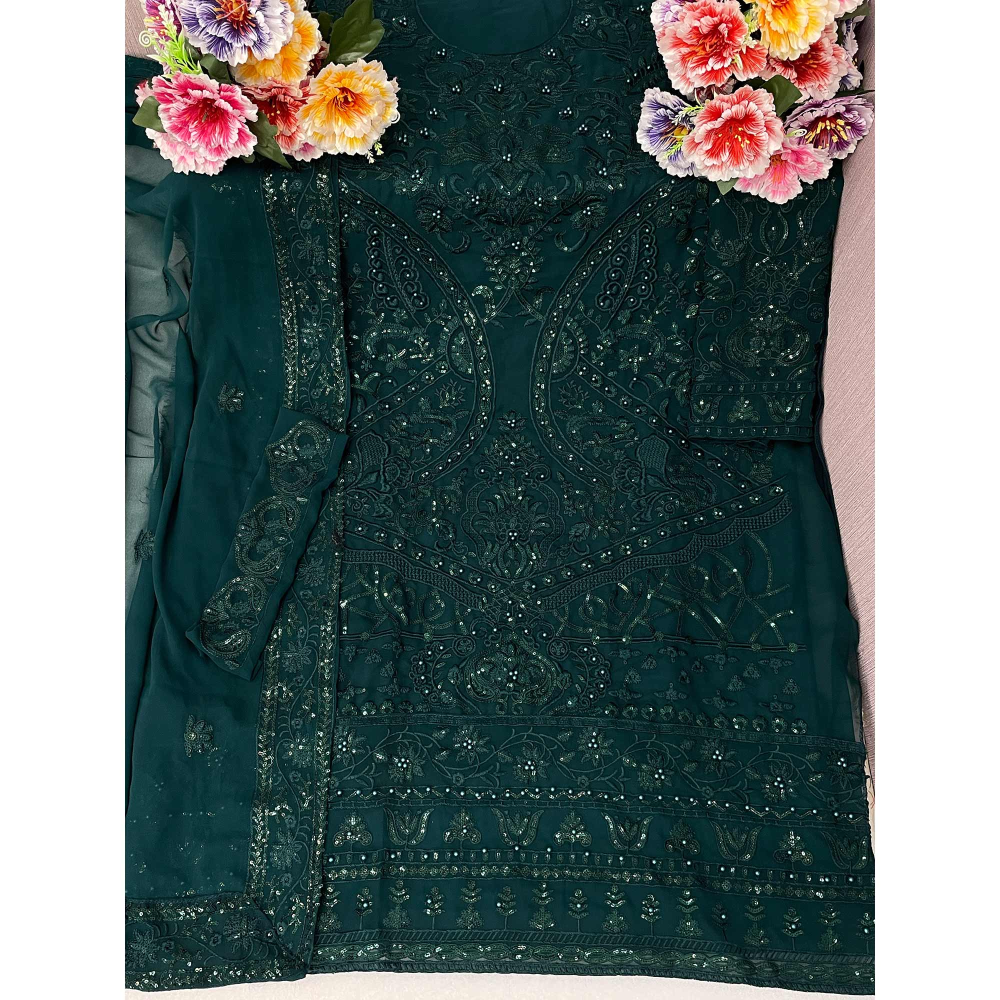 Dark Green Embroidered Georgette Semi Stitched Pakistani Dress Material