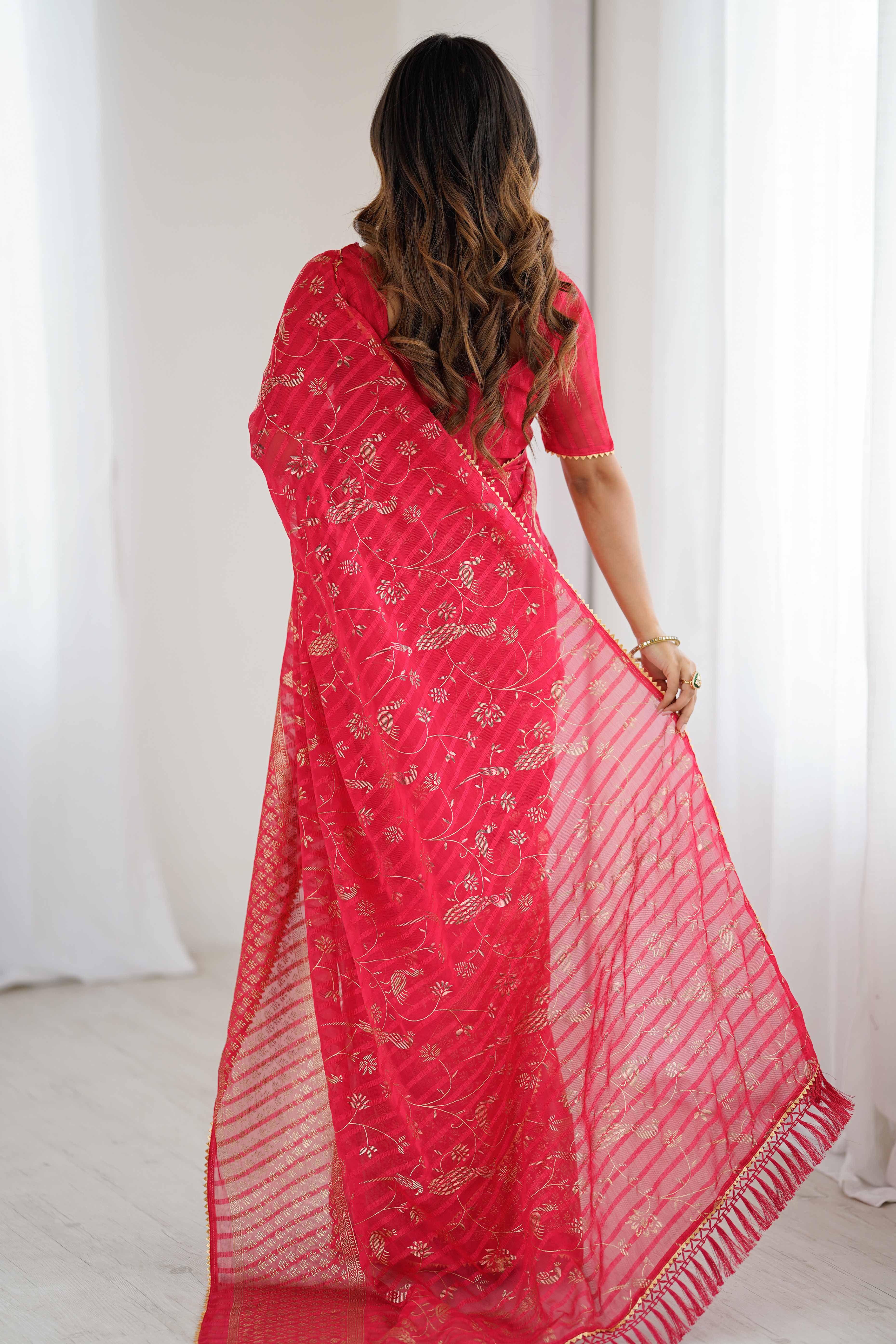 Red Georgette Saree with Shimmering Foil Print & Gota Patti Border