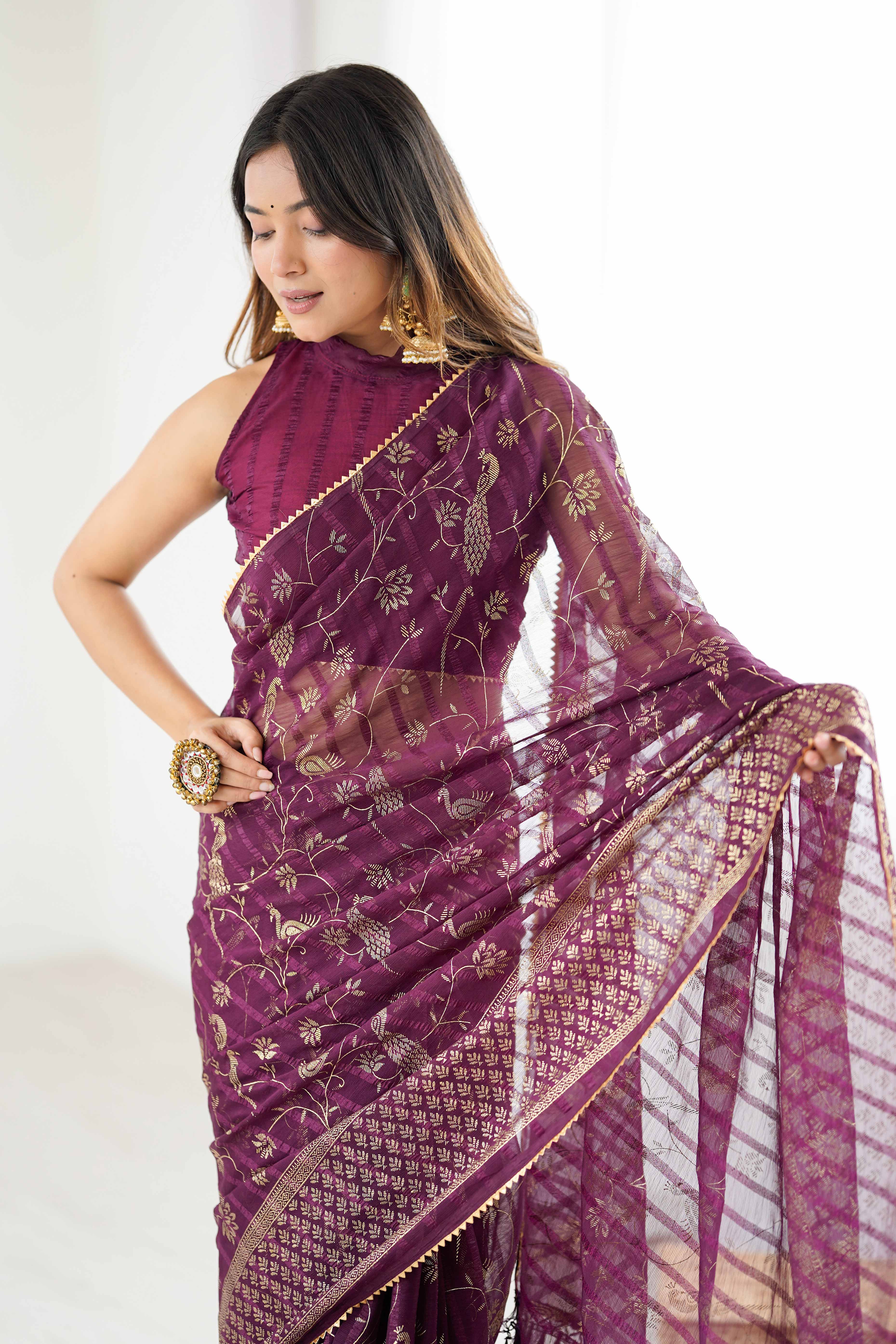 Wine Georgette Saree with Shimmering Foil Print & Gota Patti Border