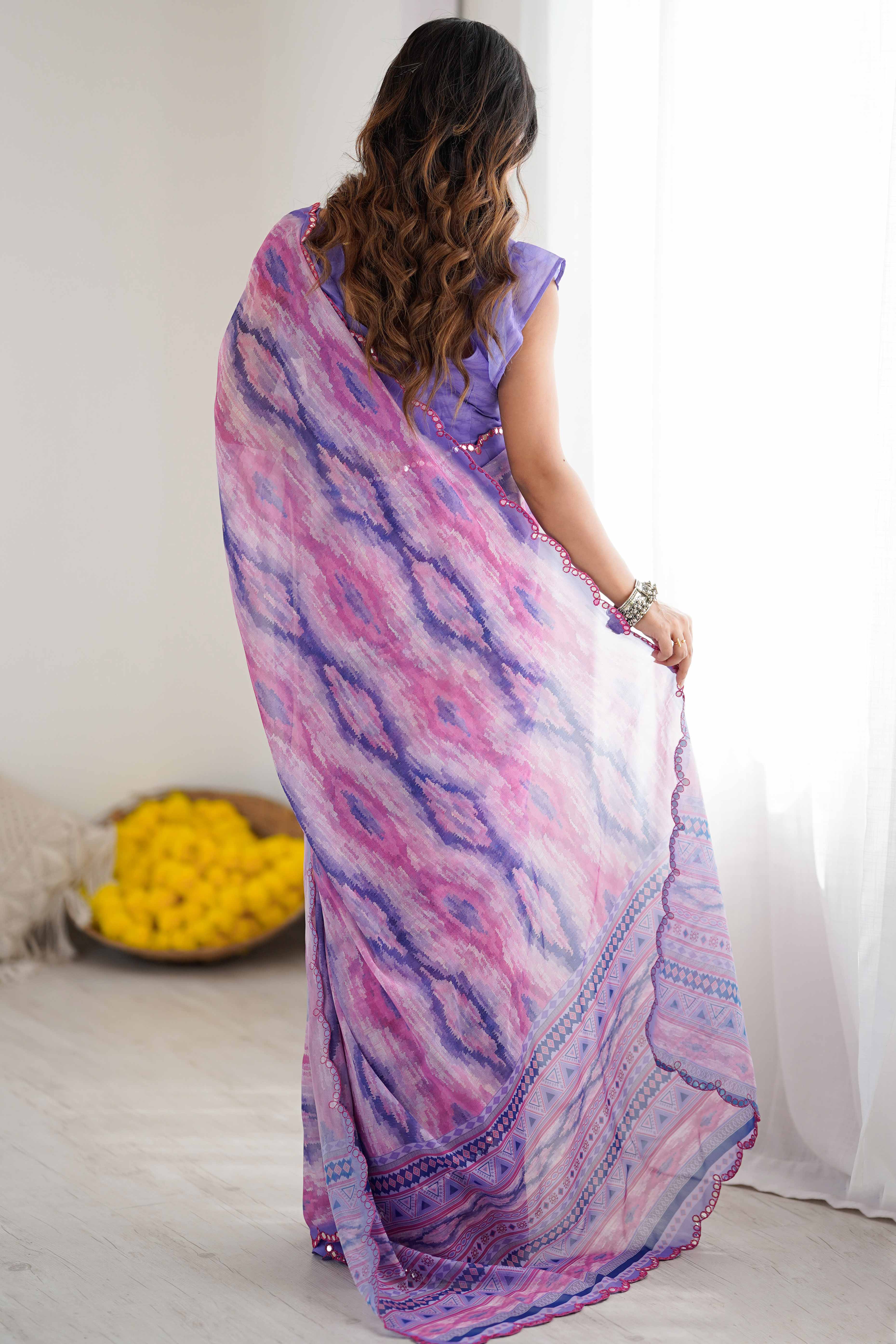 Lavender Georgette Saree Featuring Digital Print & Mirror Embroidery Border