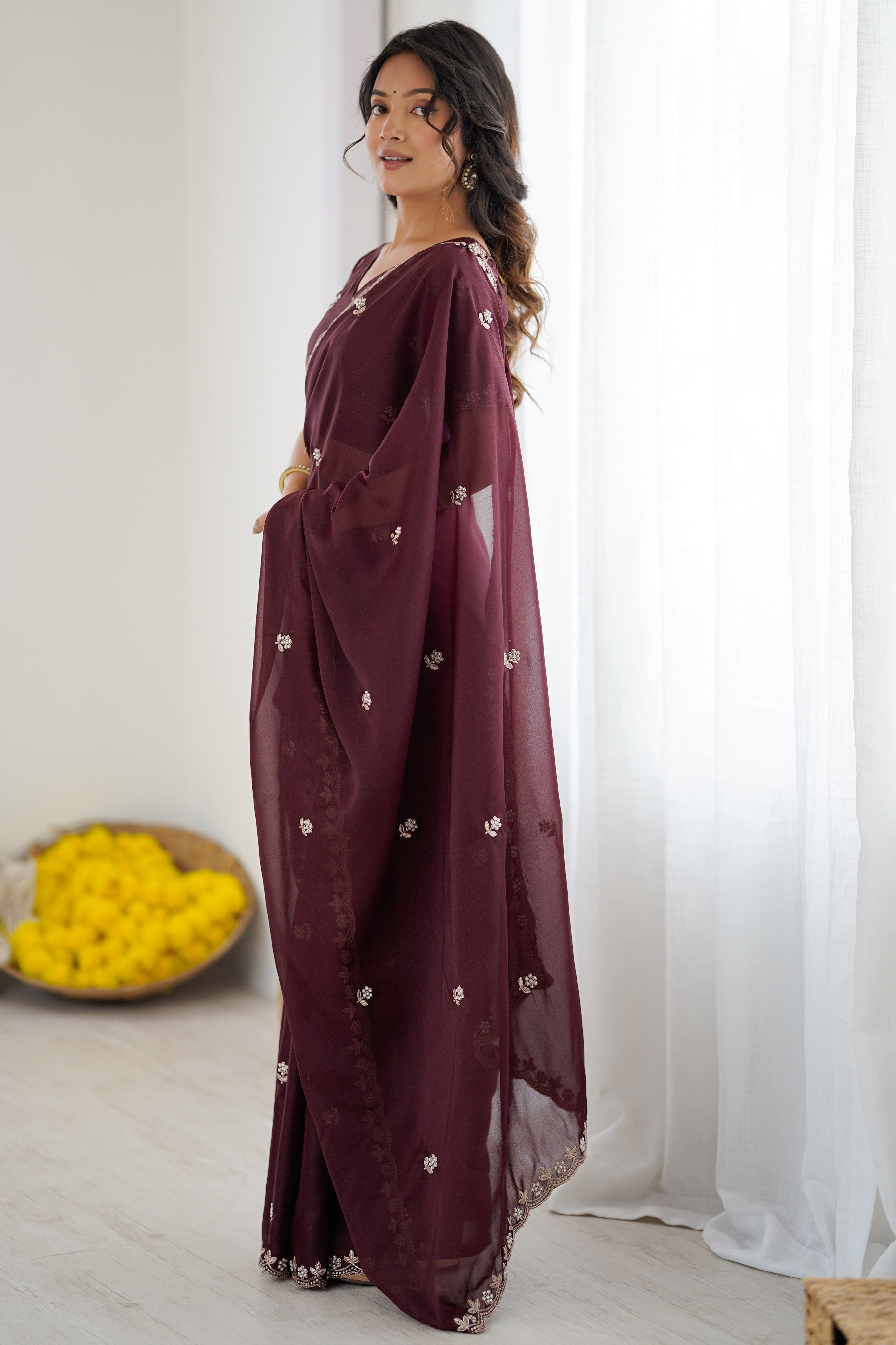 Brown Partywear Star Georgette Saree Adorned with Floral Embroidery and Beads Work