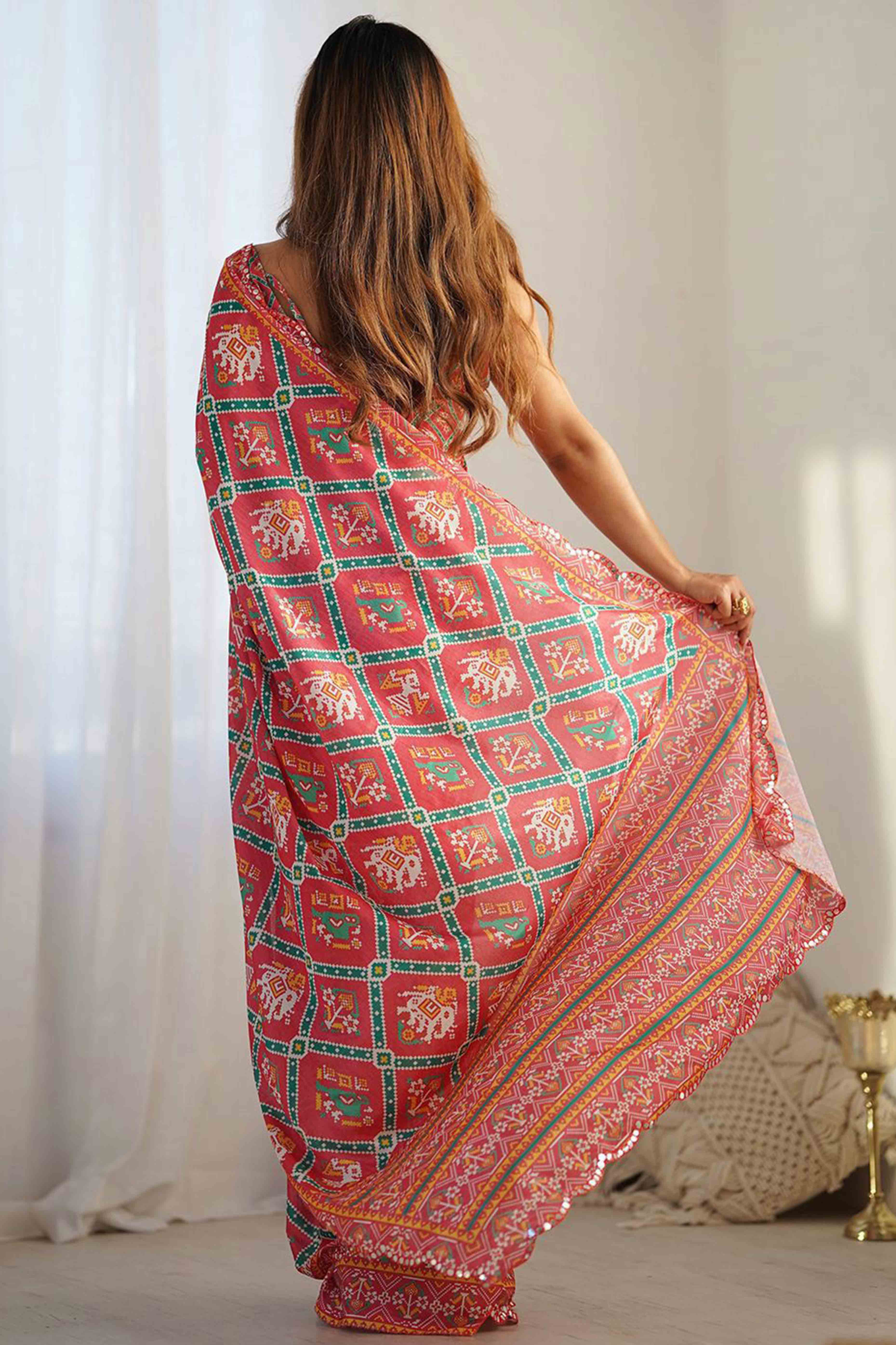 Red Digital Print Georgette Saree Enhanced With A Sparkling Lace Border