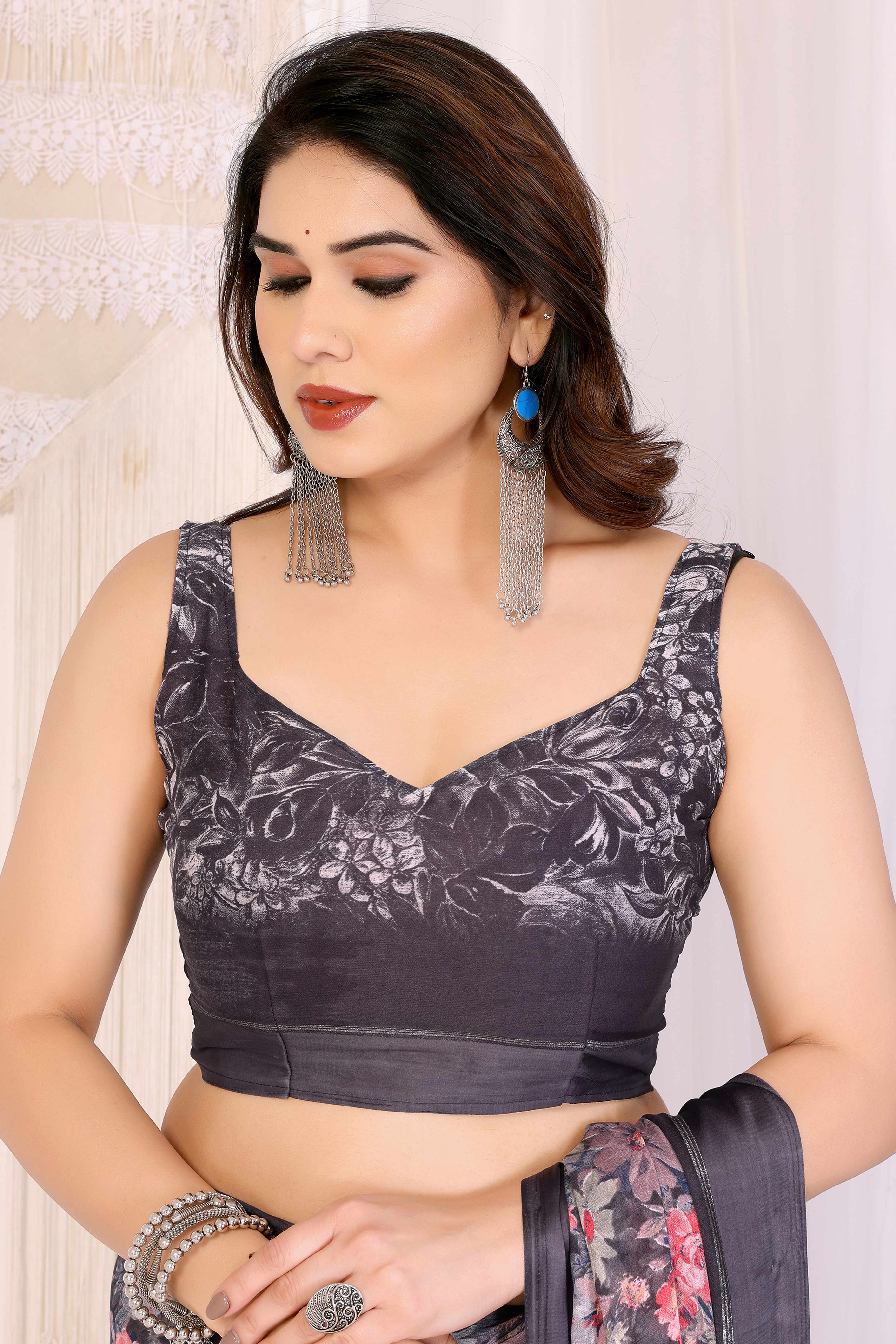 Black Moss Satin Saree With Blooming Floral Print Design