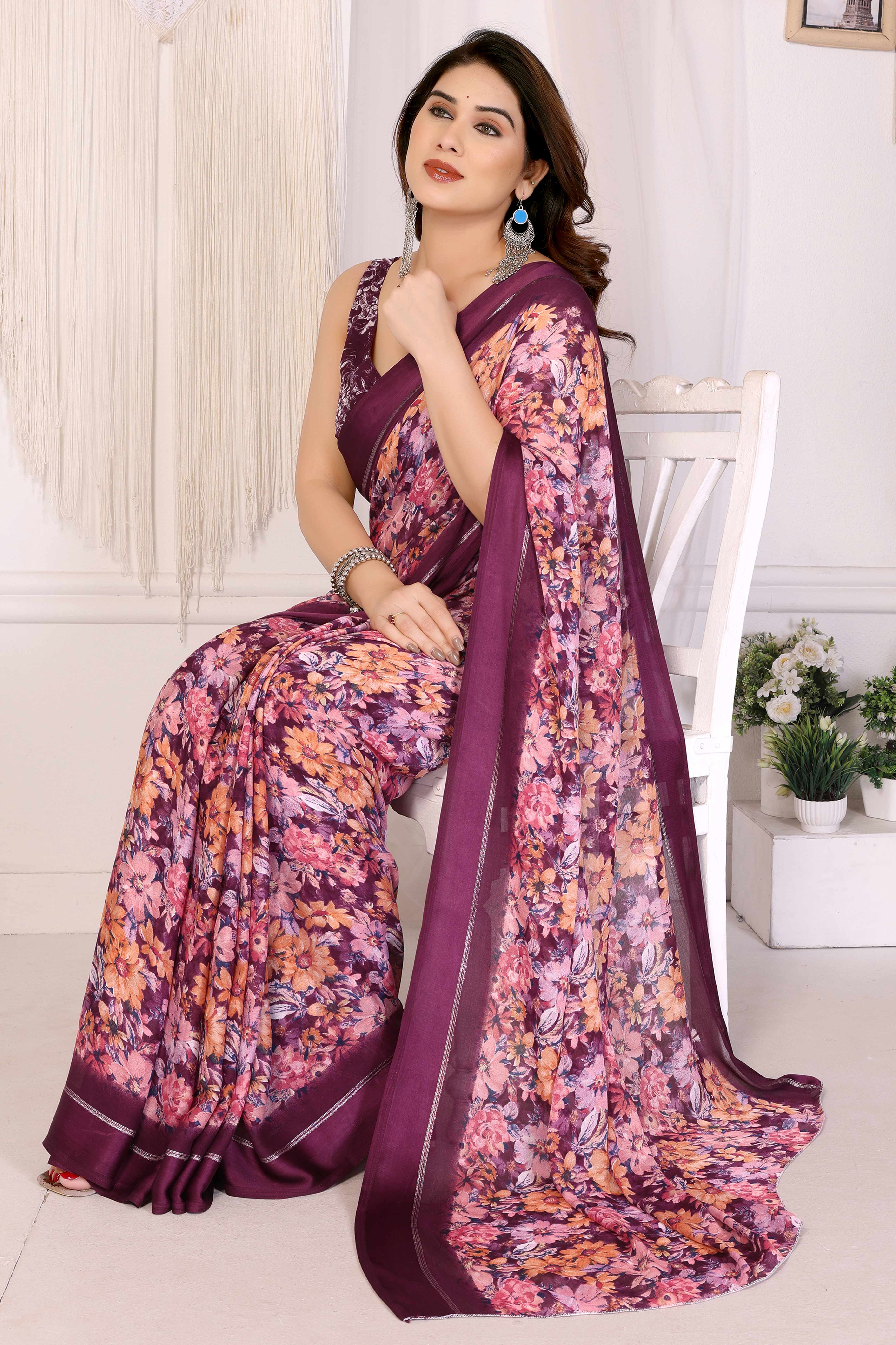 Purple Moss Satin Saree With Blooming Floral Print Design