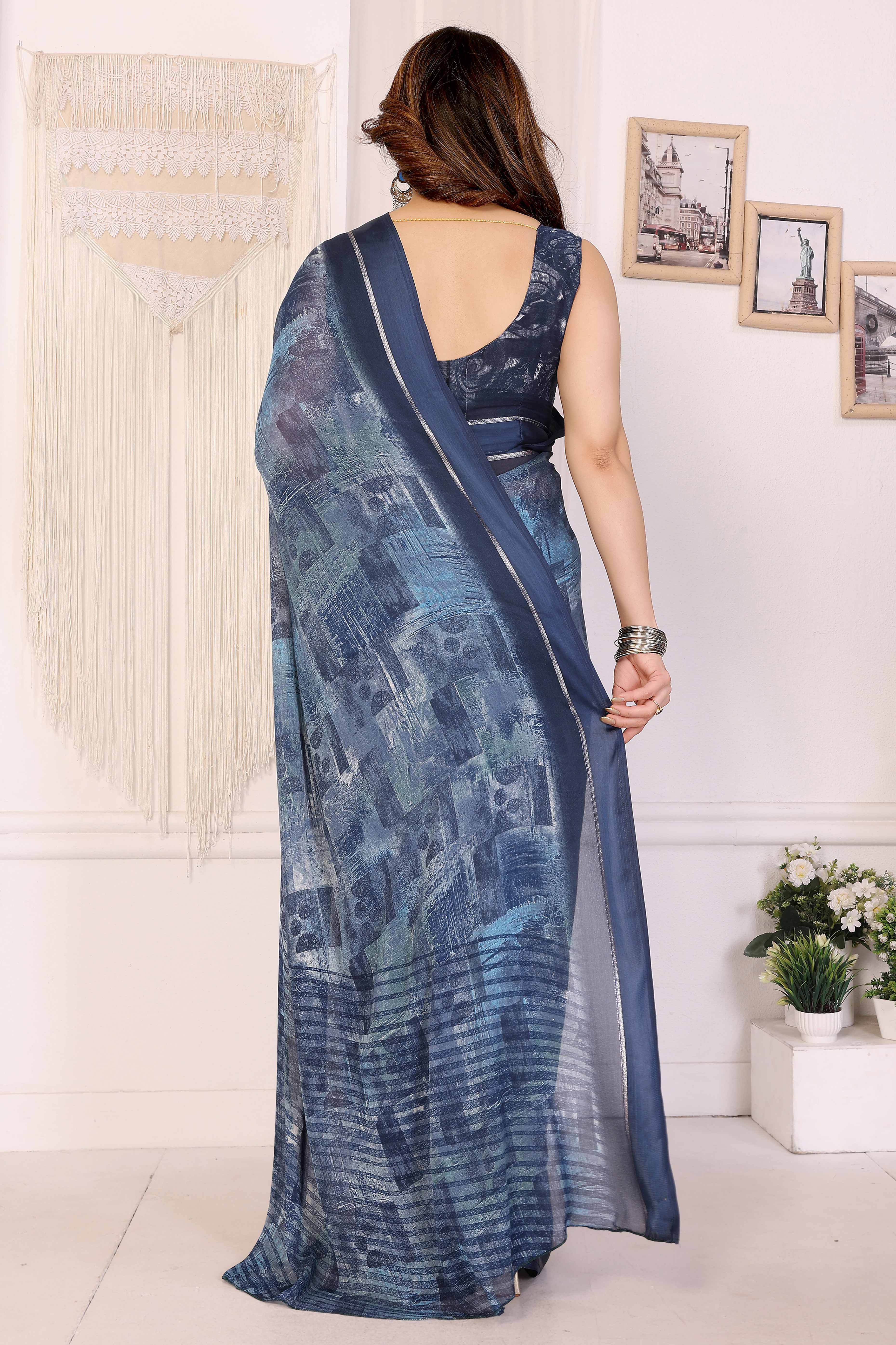 Trendy Blue Saree in Moss Satin with Floral Print Detailing