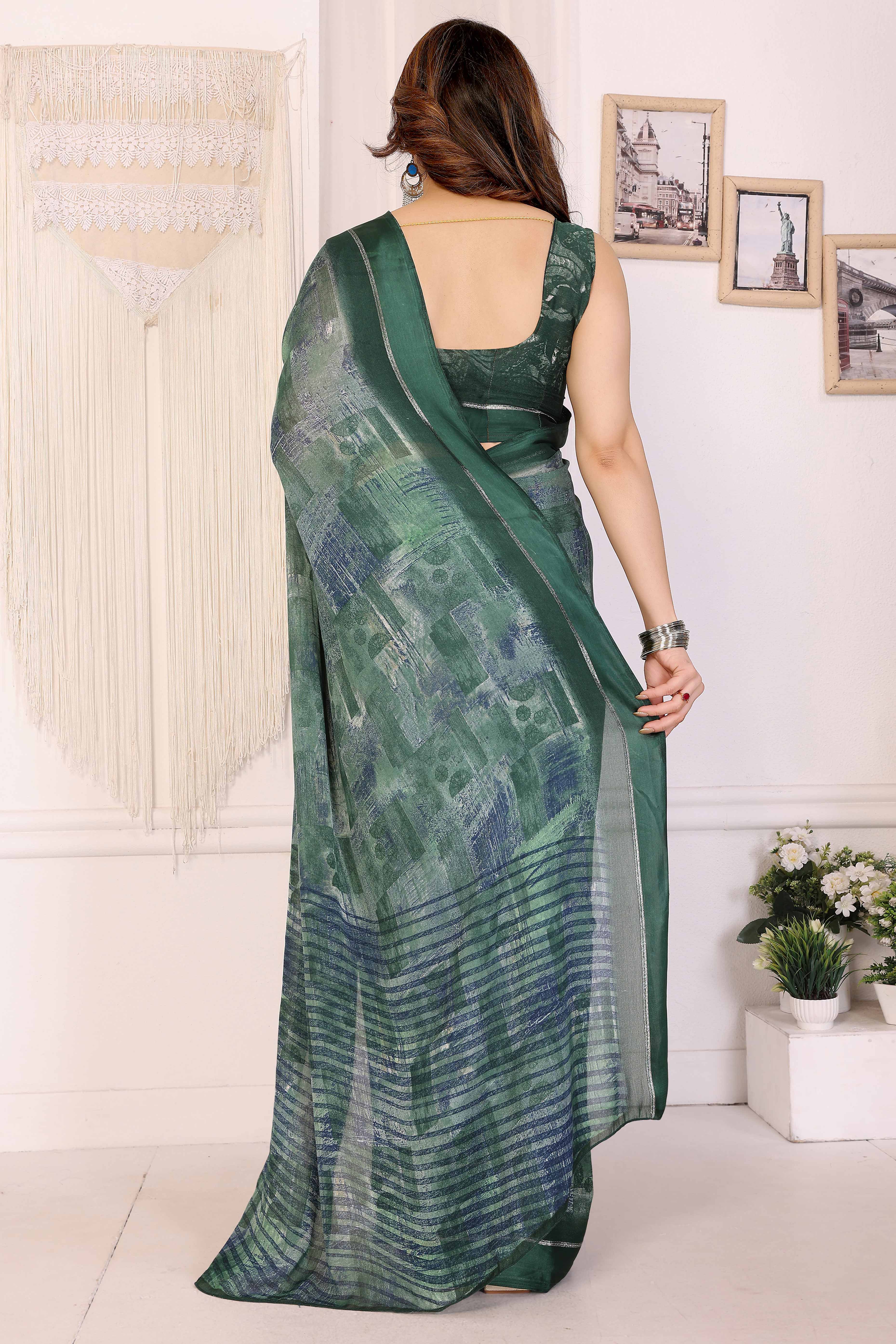 Trendy Green Saree in Moss Satin with Floral Print Detailing