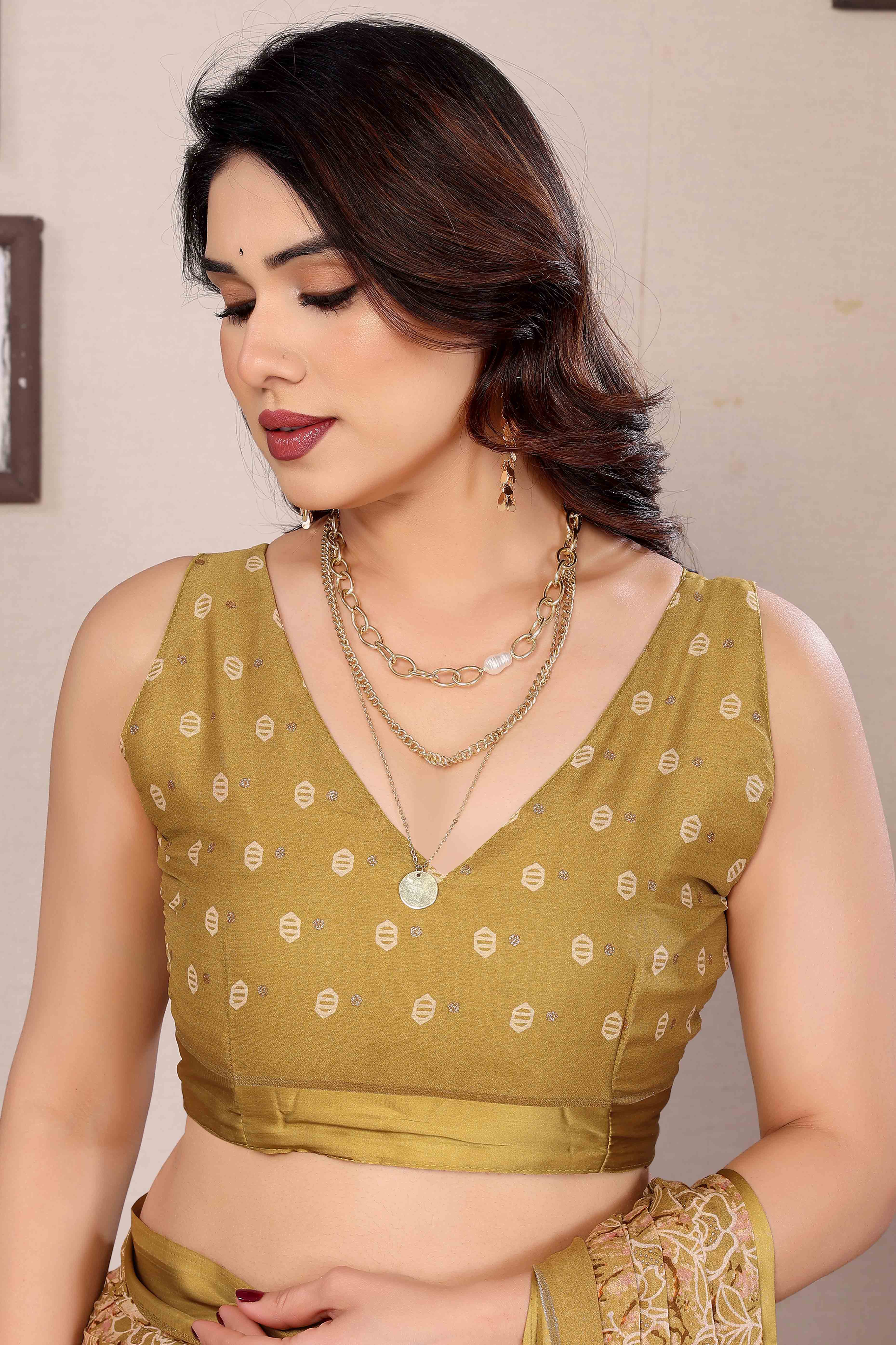 Mustard Floral Print & Zari Work Moss Satin Saree With Satin Patta