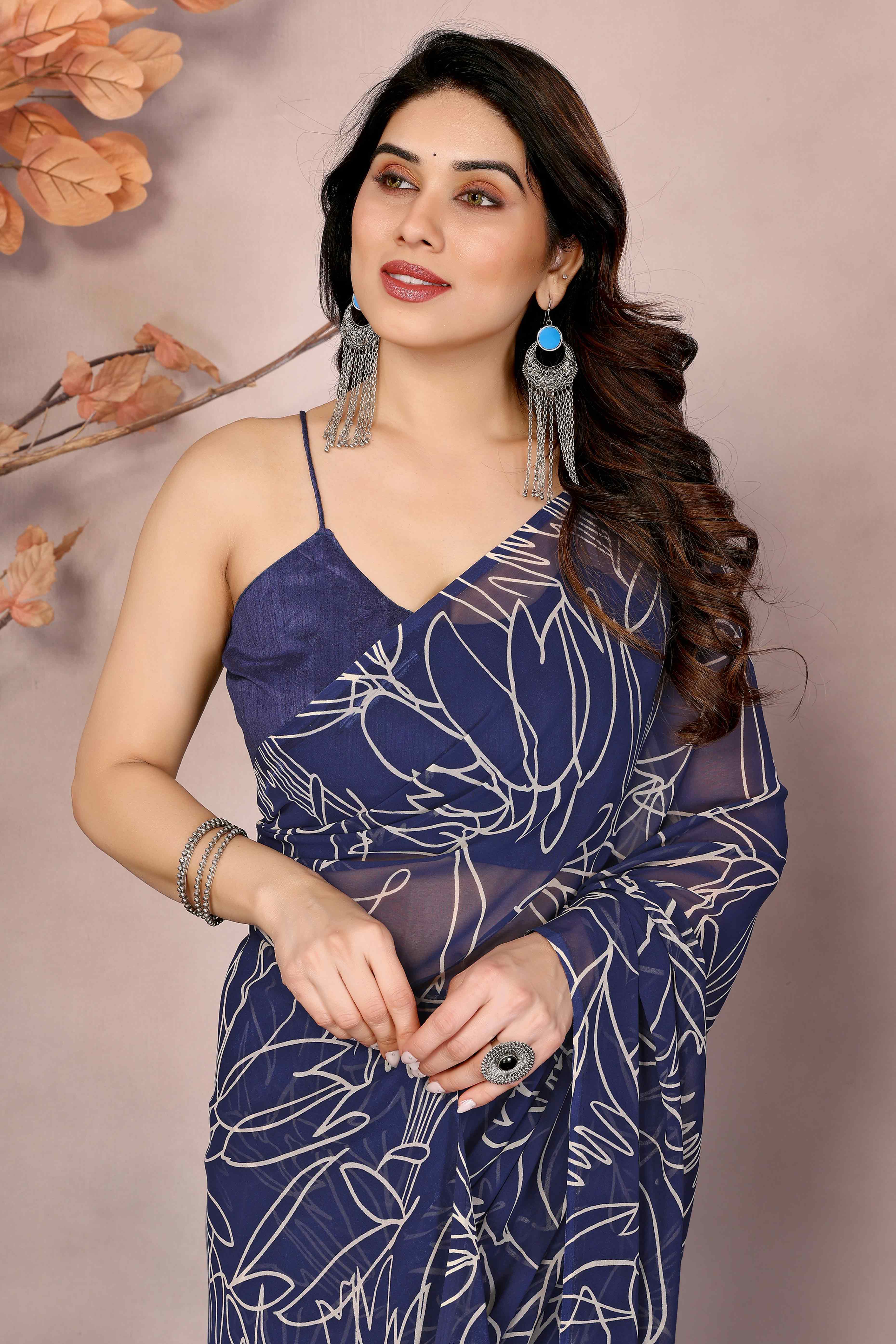 Blue Floral Printed Georgette Ready Made Saree With Tassels