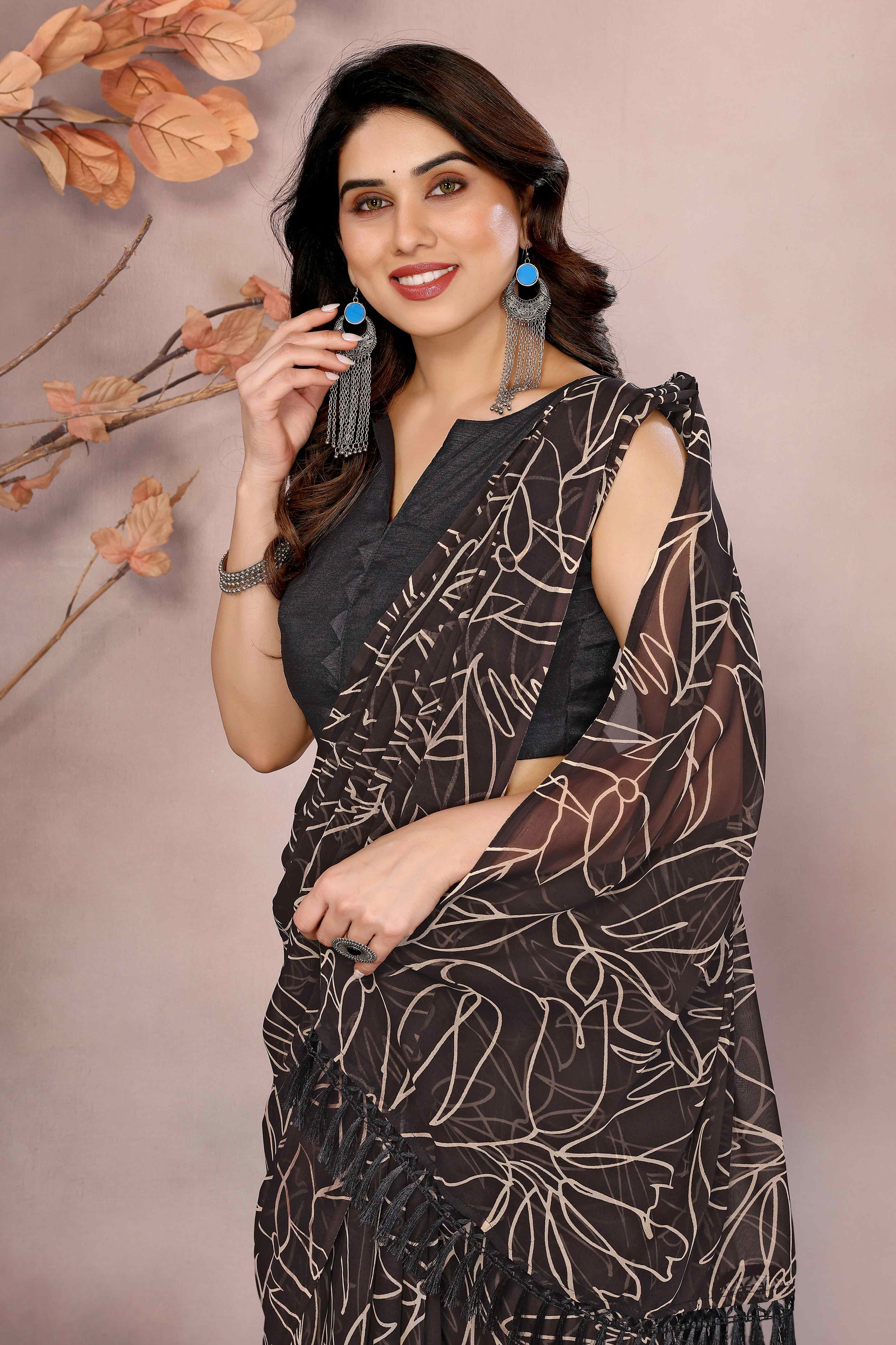 Brown Floral Printed Georgette Ready Made Saree With Tassels