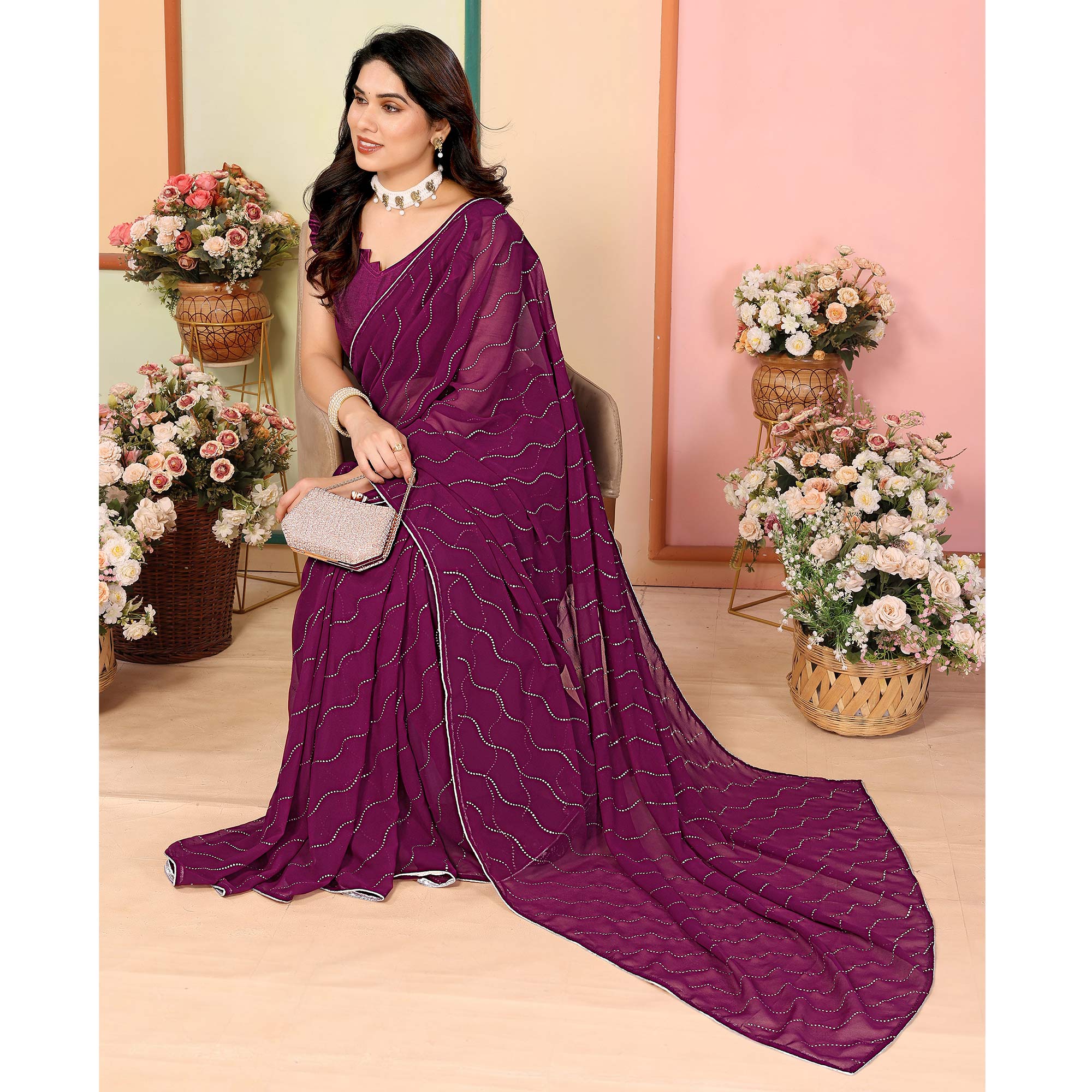 Purple Swarovski Work Embroidered Georgette Saree