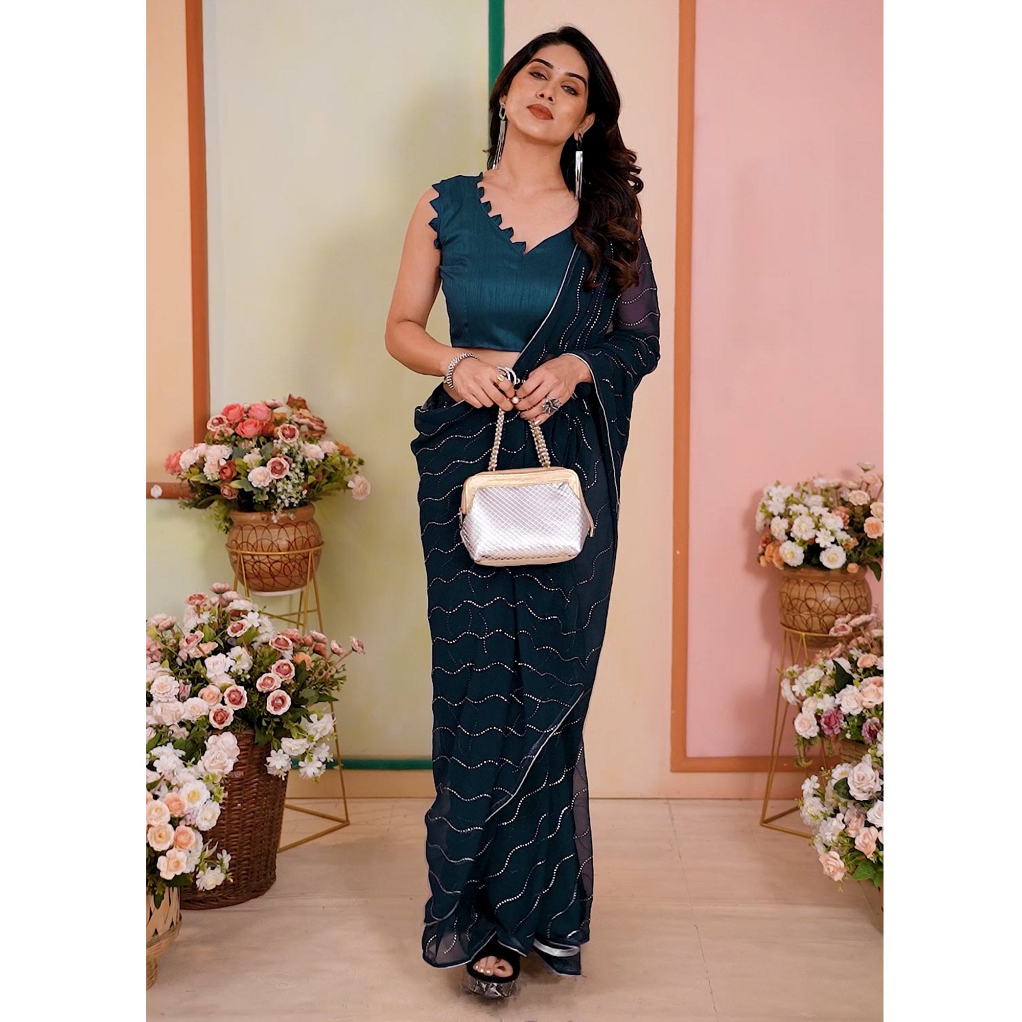 Teal Swarovski Work Embroidered Georgette Saree