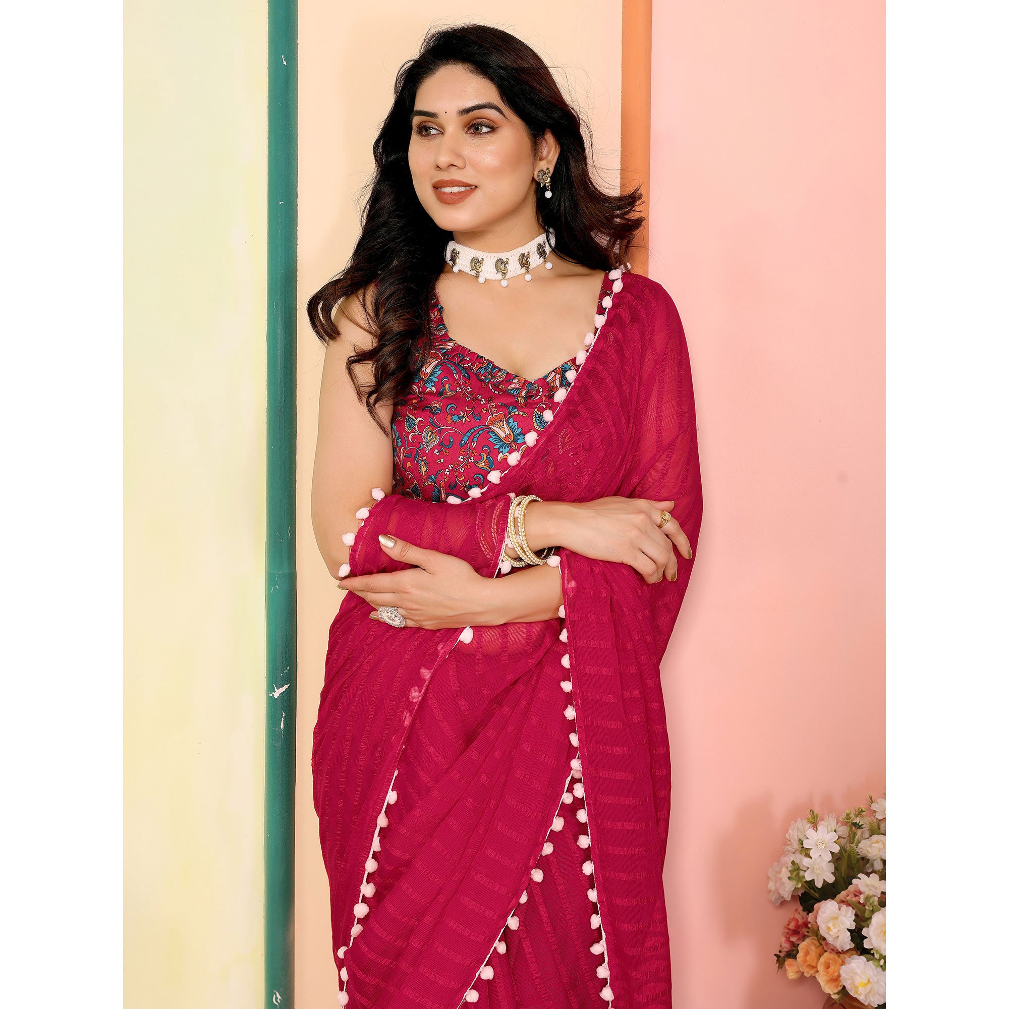 Pink Woven Striped Pattern Georgette Saree