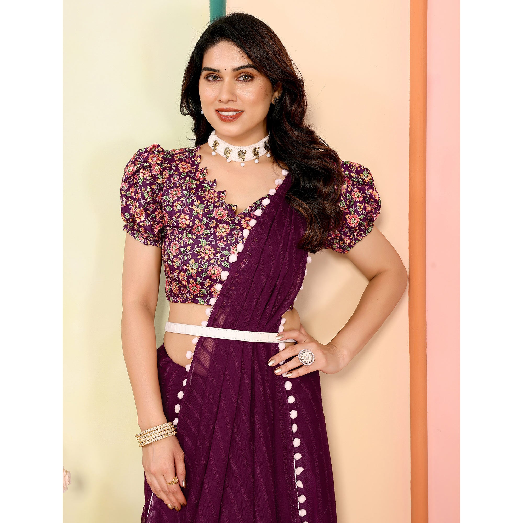 Purple Woven Striped Pattern Georgette Saree