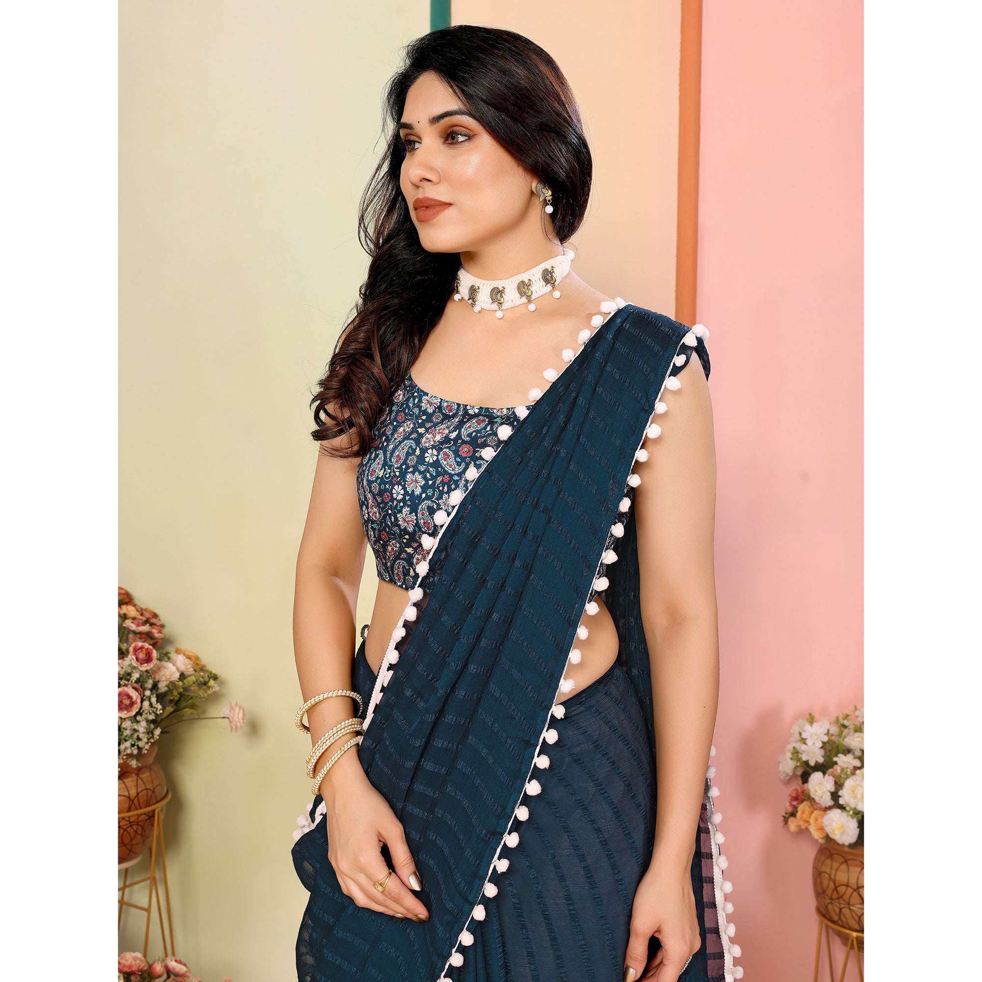 Teal Woven Striped Pattern Georgette Saree