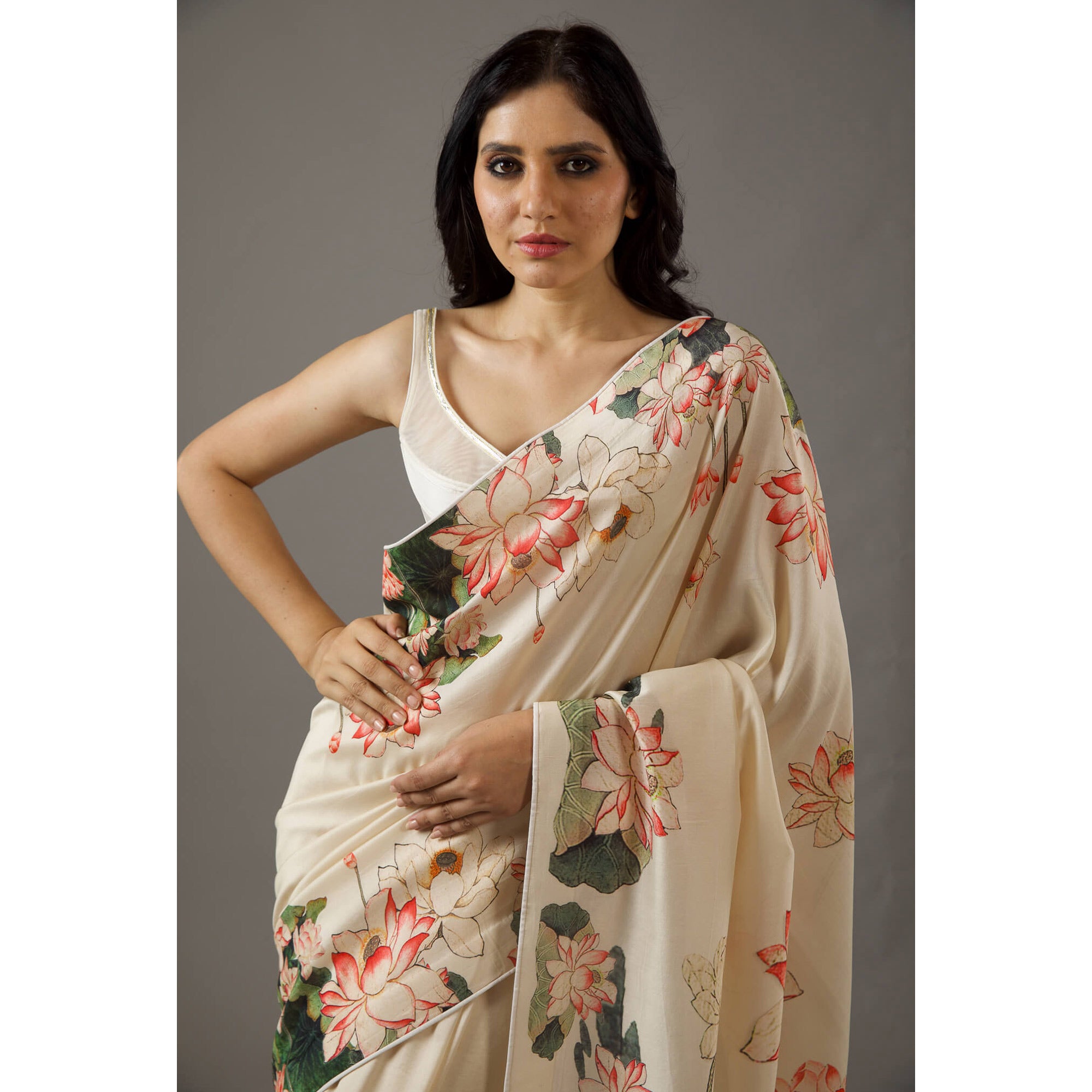 Cream Floral Printed Moss Satin Saree