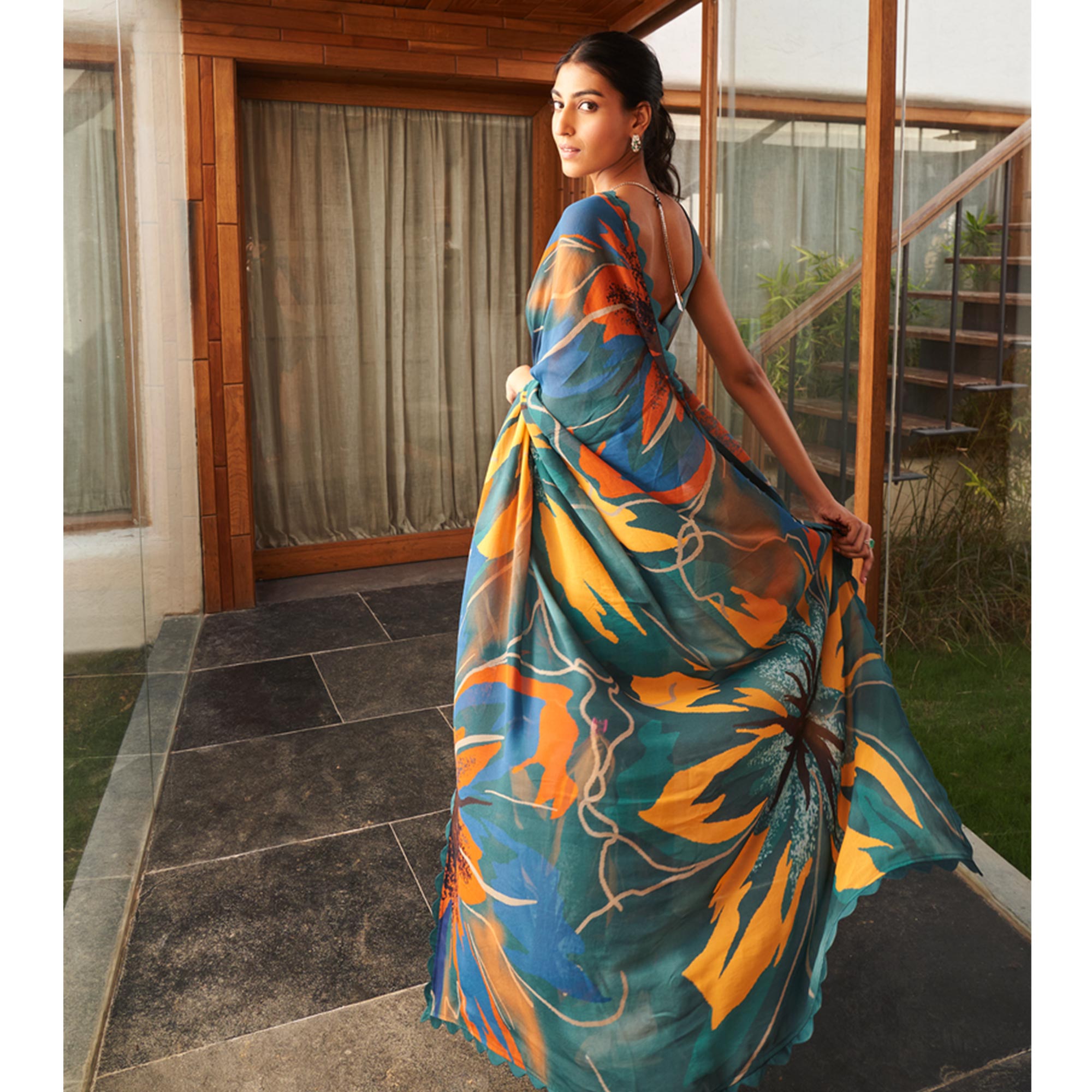 Teal Printed Moss Satin Saree