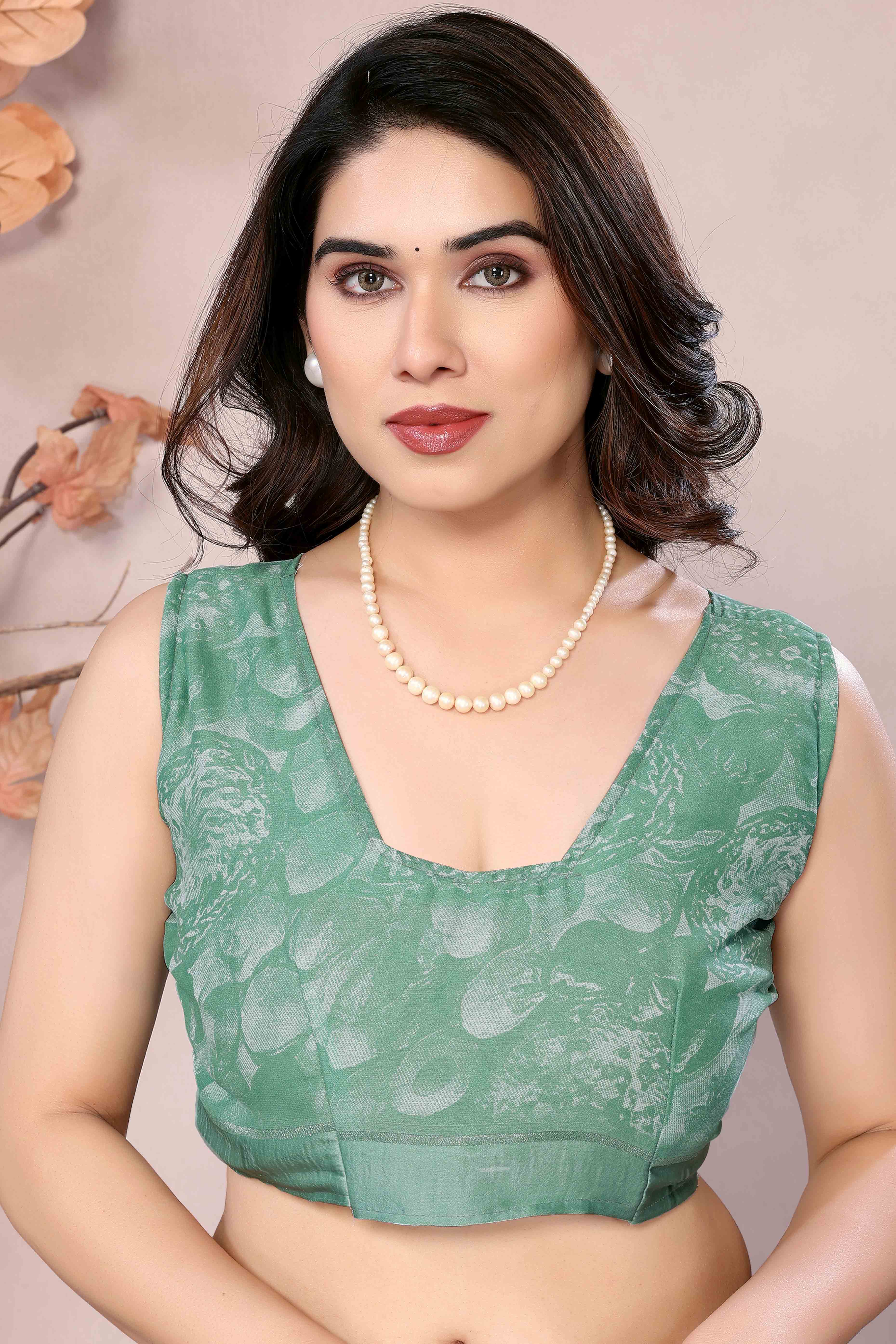 Sea Green Floral Printed Satin Saree