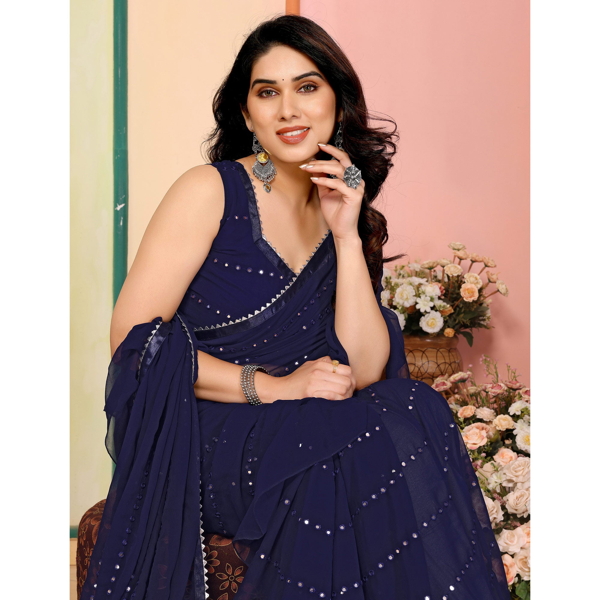 Dark Blue Mirror Work Embroidered Georgette Saree With Ruffle Border