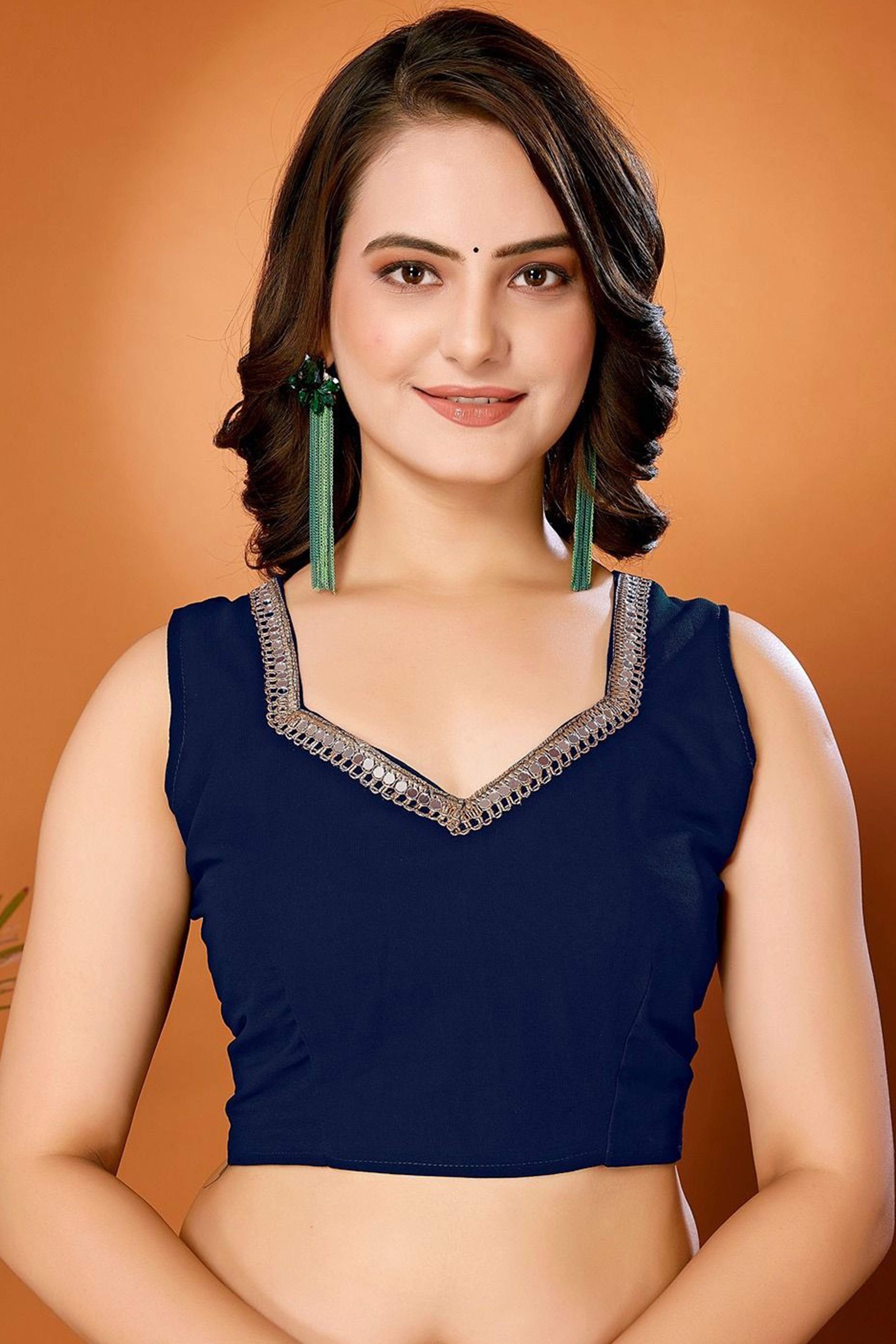 Blue Solid Georgette Saree With Mirror Border