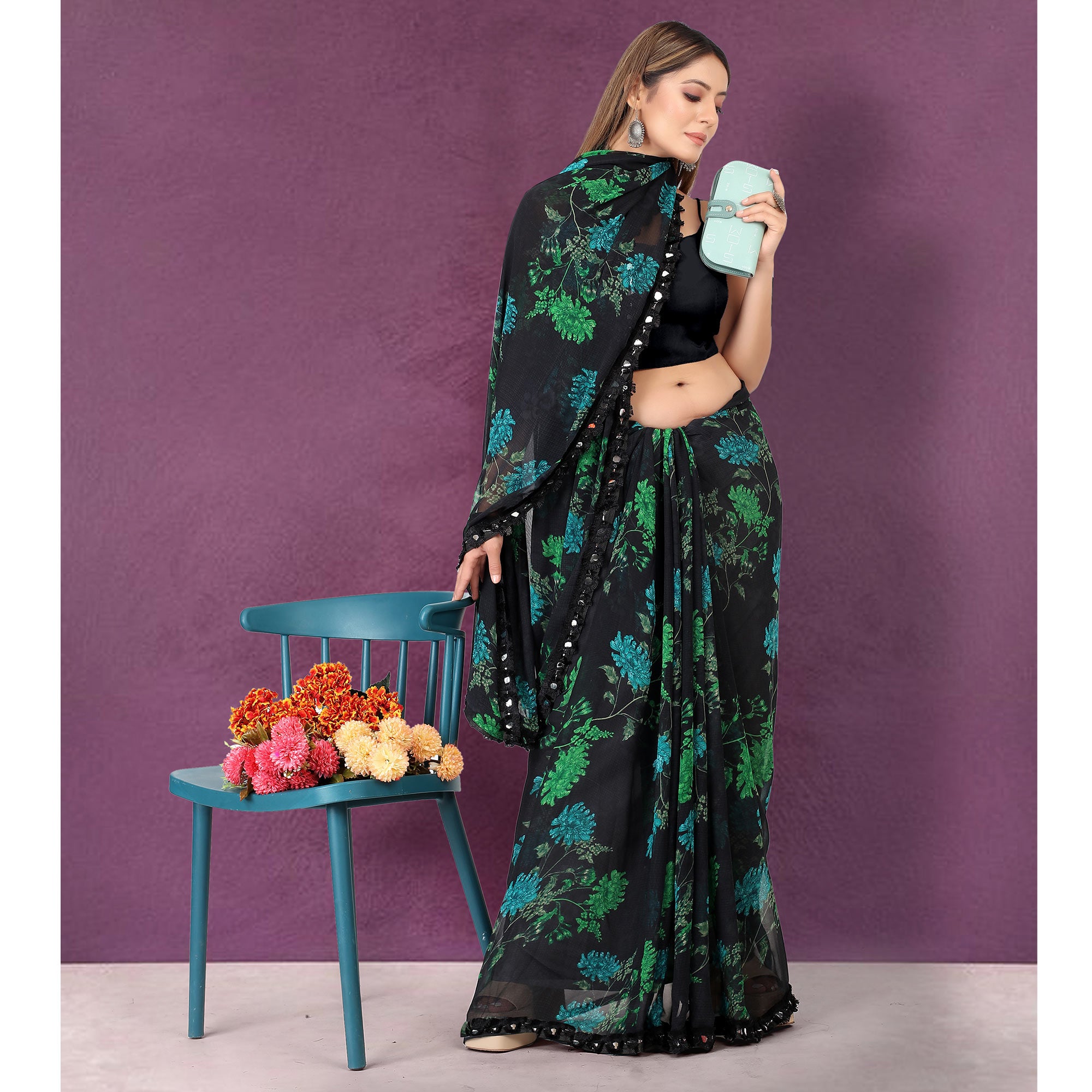 Black Floral Printed Georgette Saree