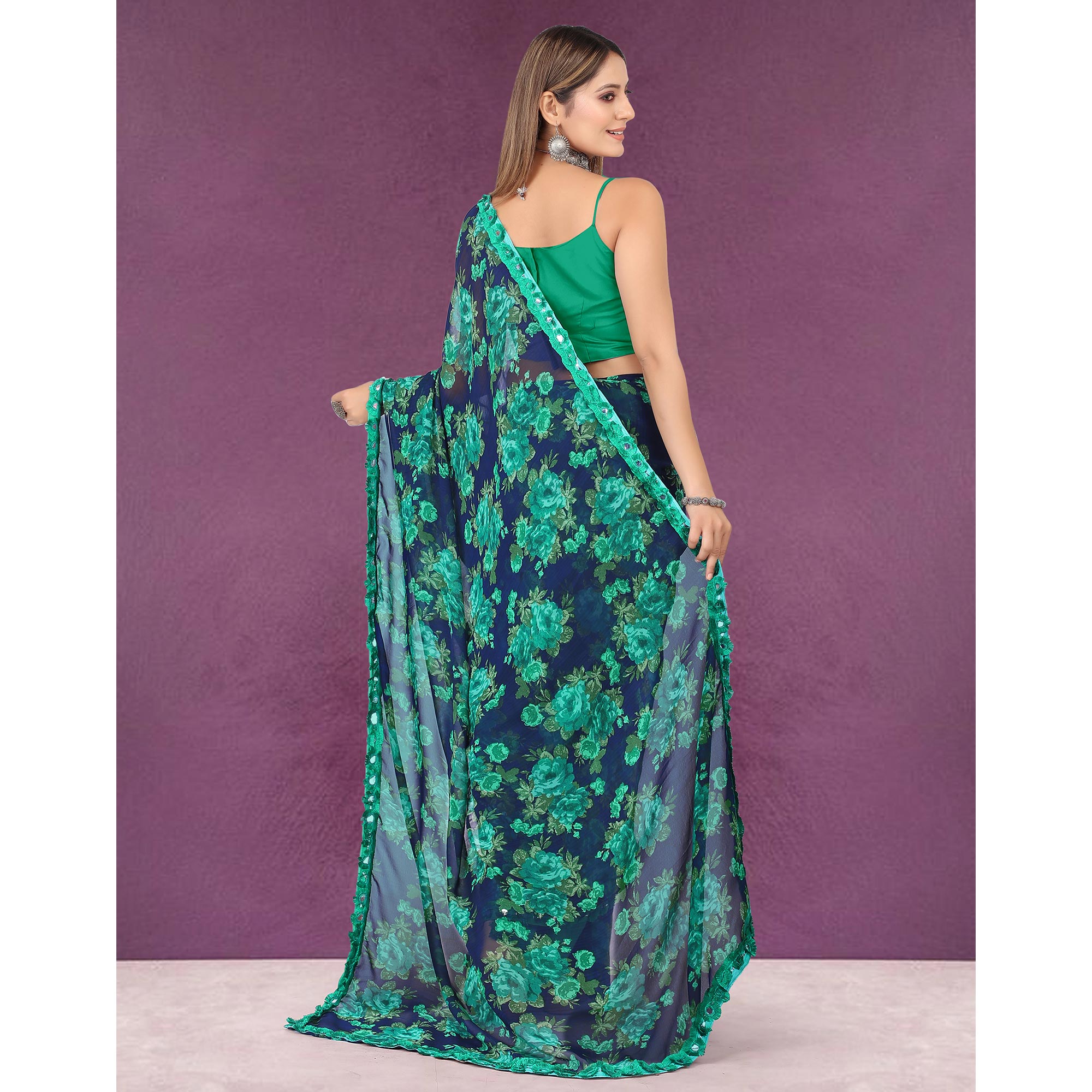 Blue Floral Printed Georgette Saree