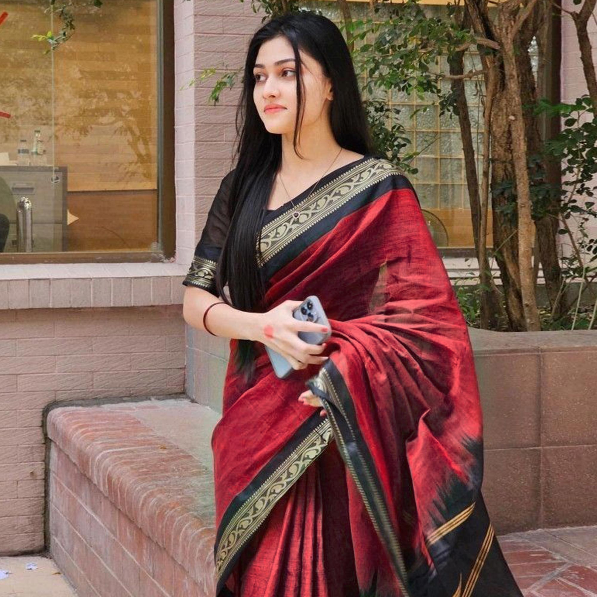 Red Woven Cotton Silk Saree With Tassels